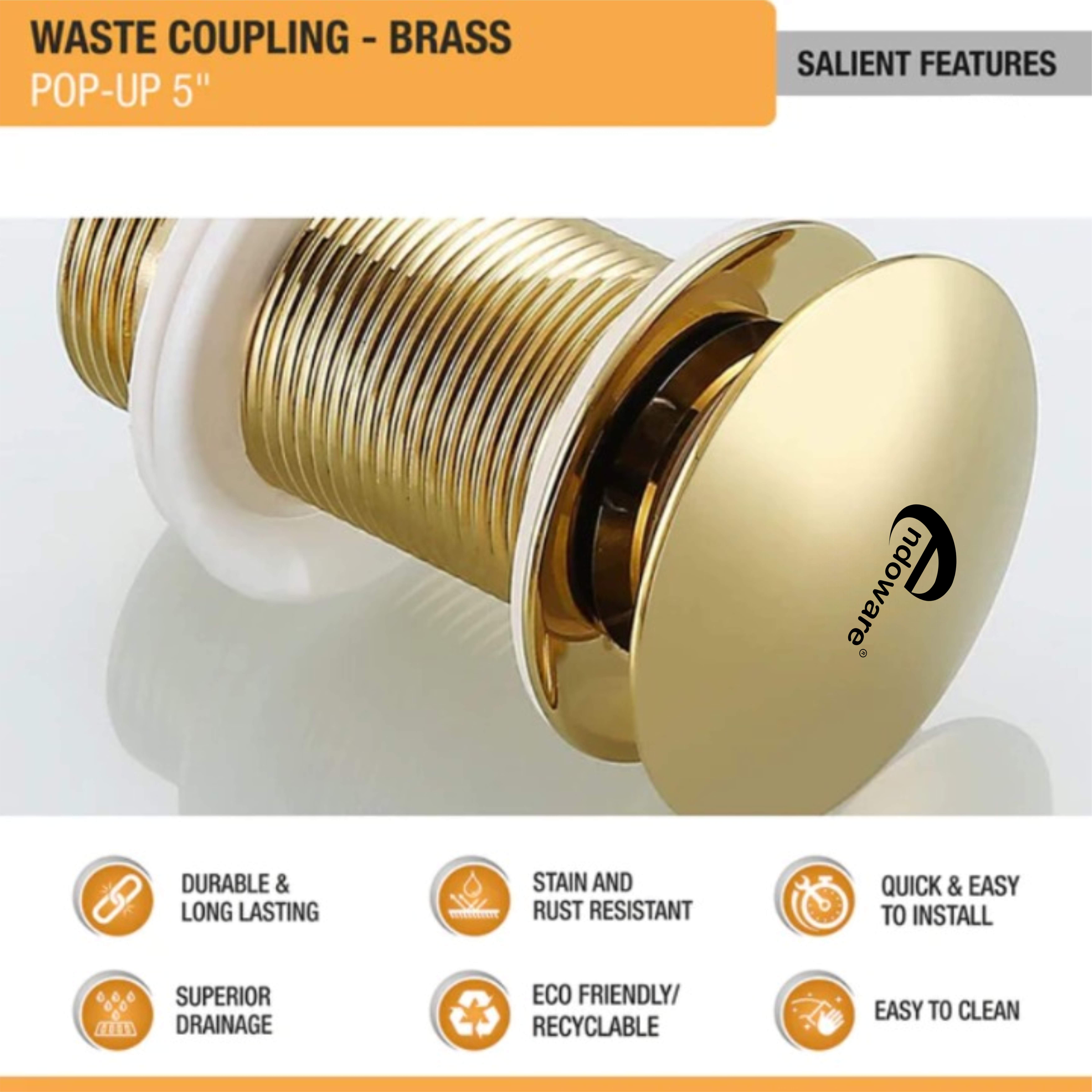 Endoware Luxury 5" Pop-Up Waste Coupling with Yellow Gold PVD Coating