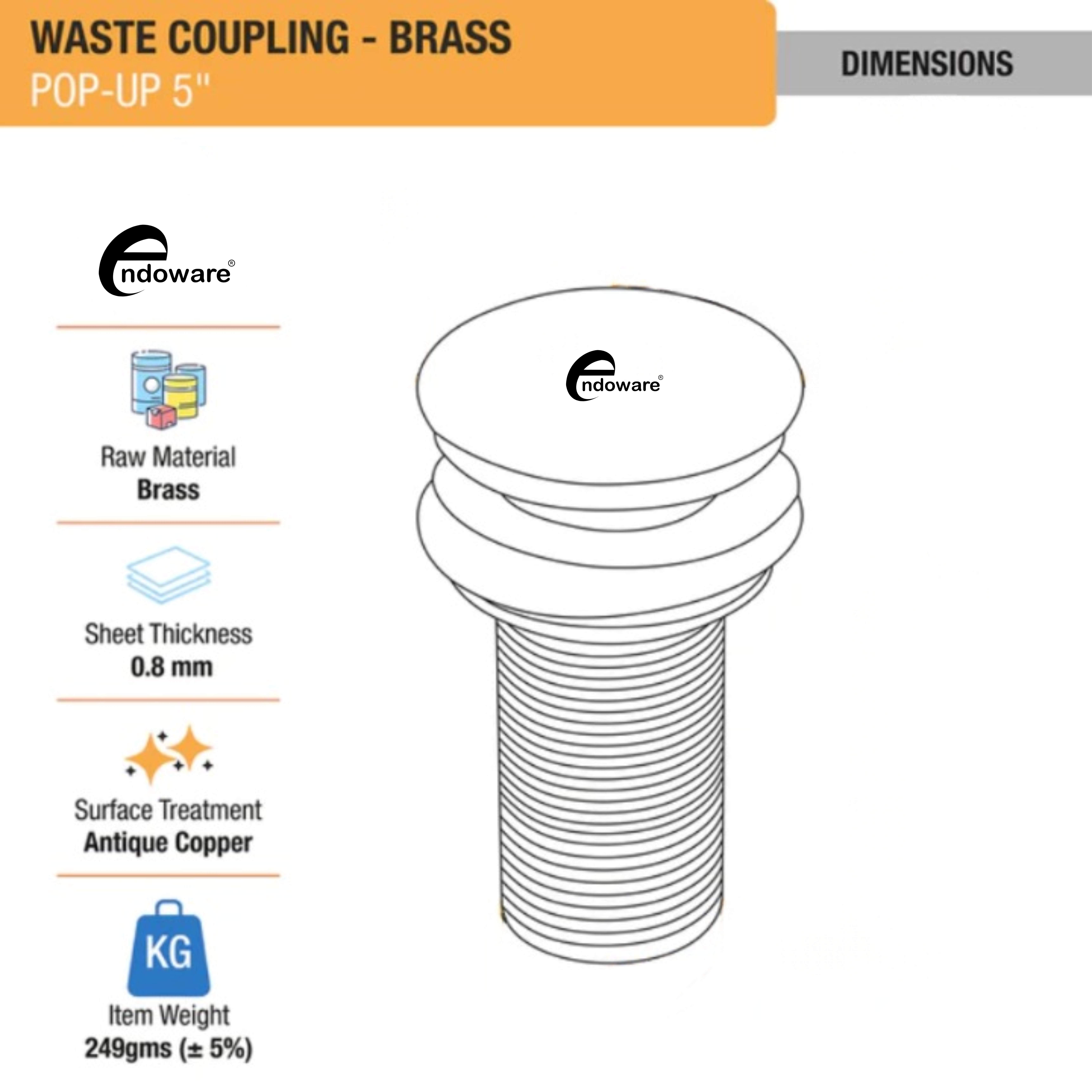 Endoware Luxury 5" Pop-Up Waste Coupling with Yellow Gold PVD Coating
