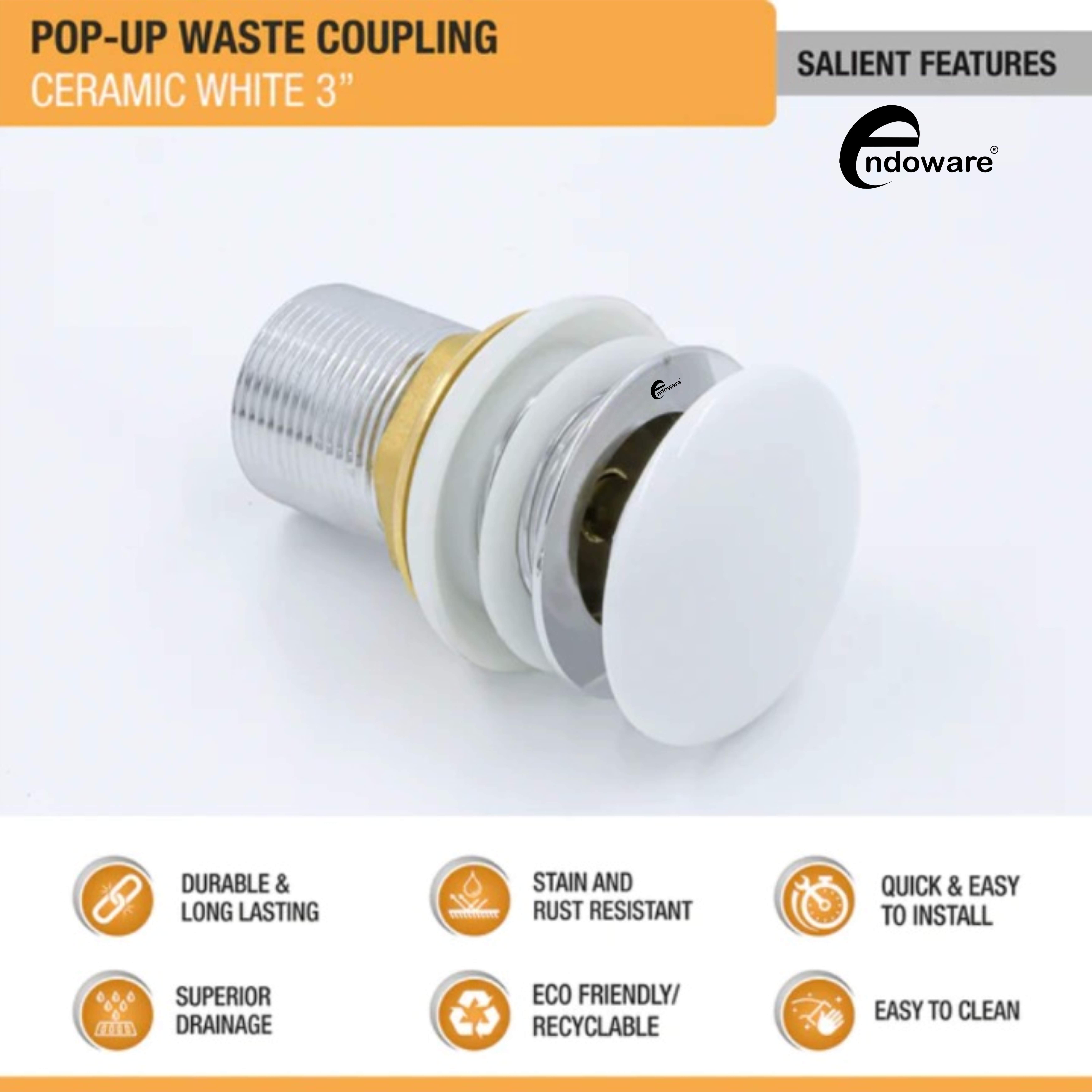Endoware White Ceramic Pop-Up Waste Coupling for Bathroom Sink (3 Inches)