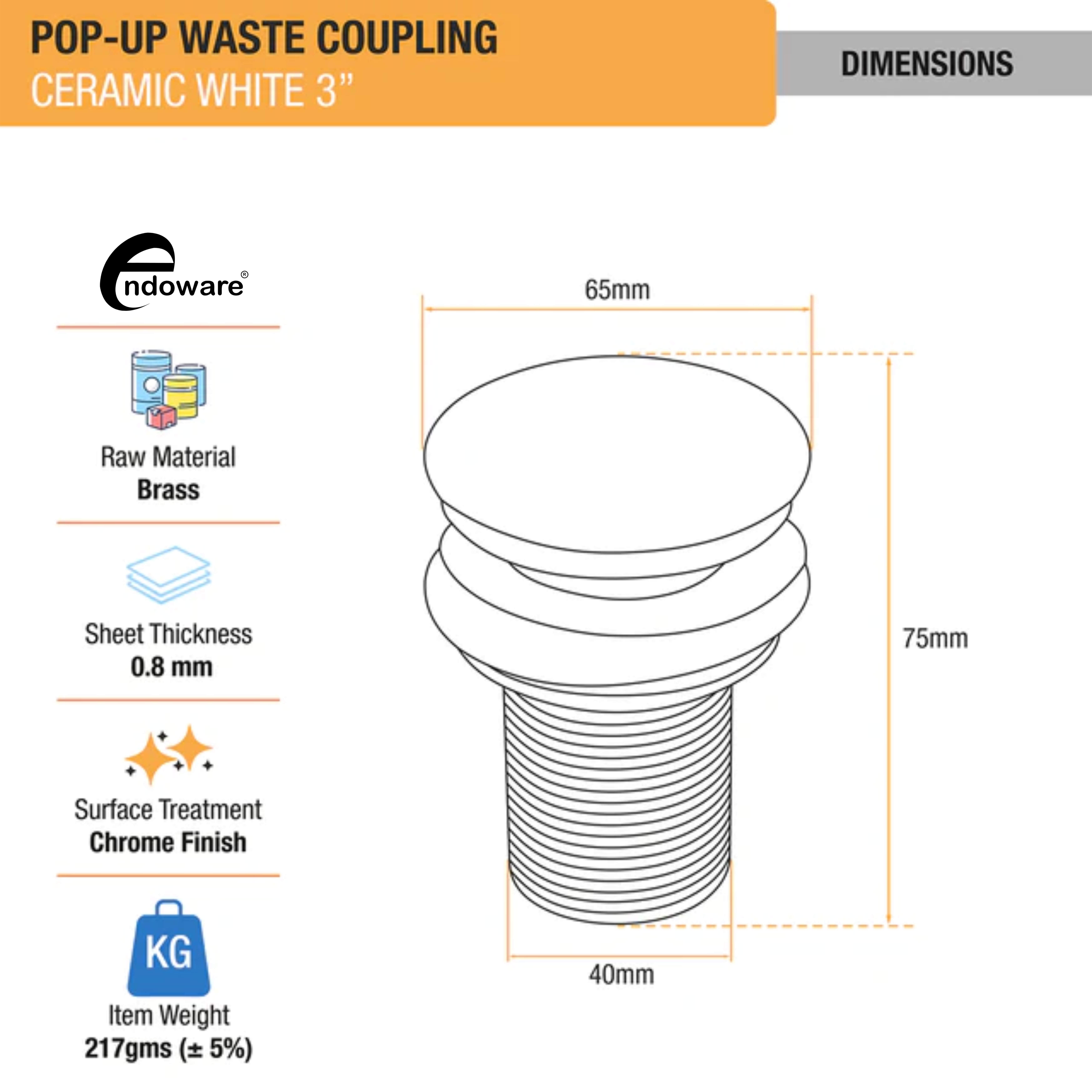 Endoware White Ceramic Pop-Up Waste Coupling for Bathroom Sink (3 Inches)