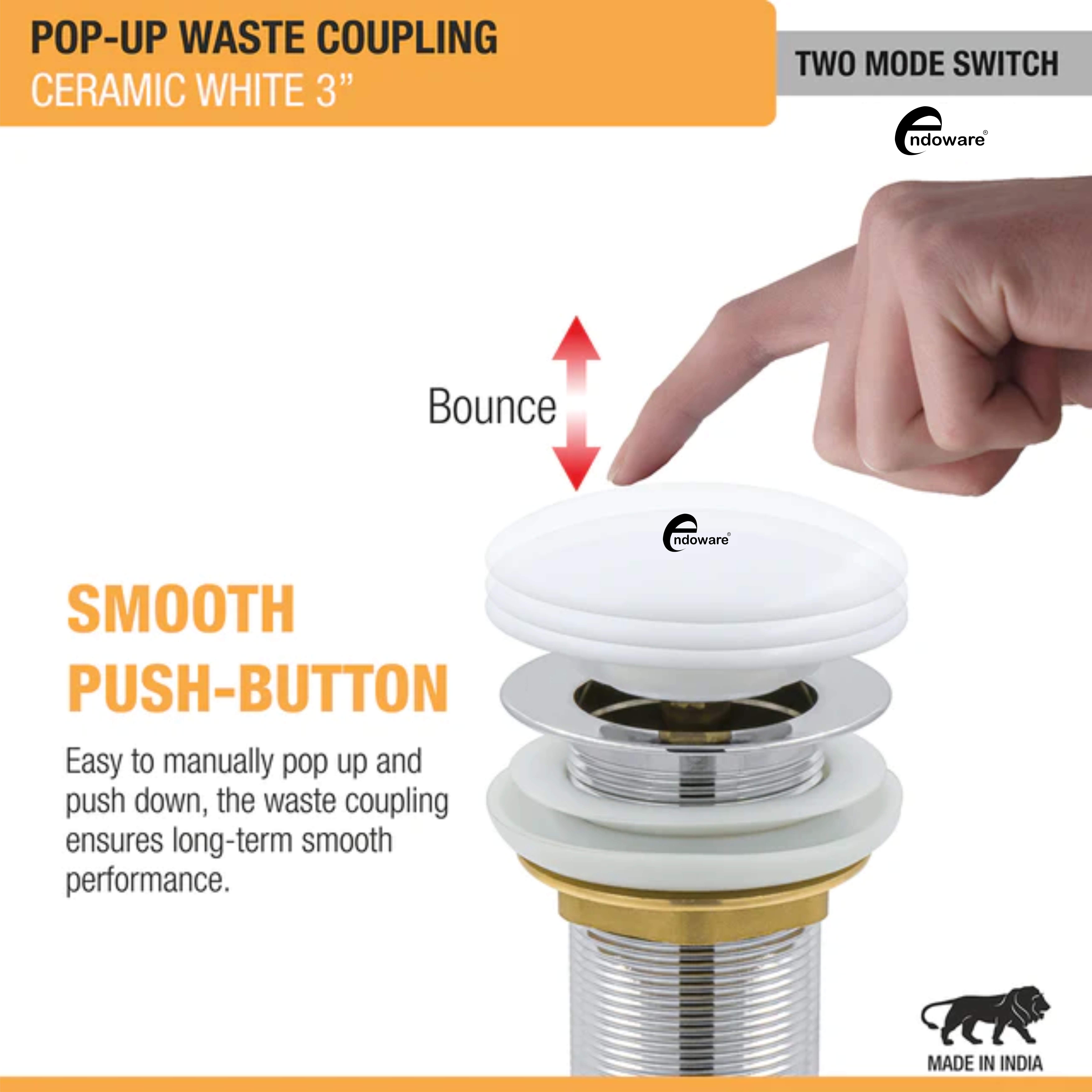 Endoware White Ceramic Pop-Up Waste Coupling for Bathroom Sink (3 Inches)