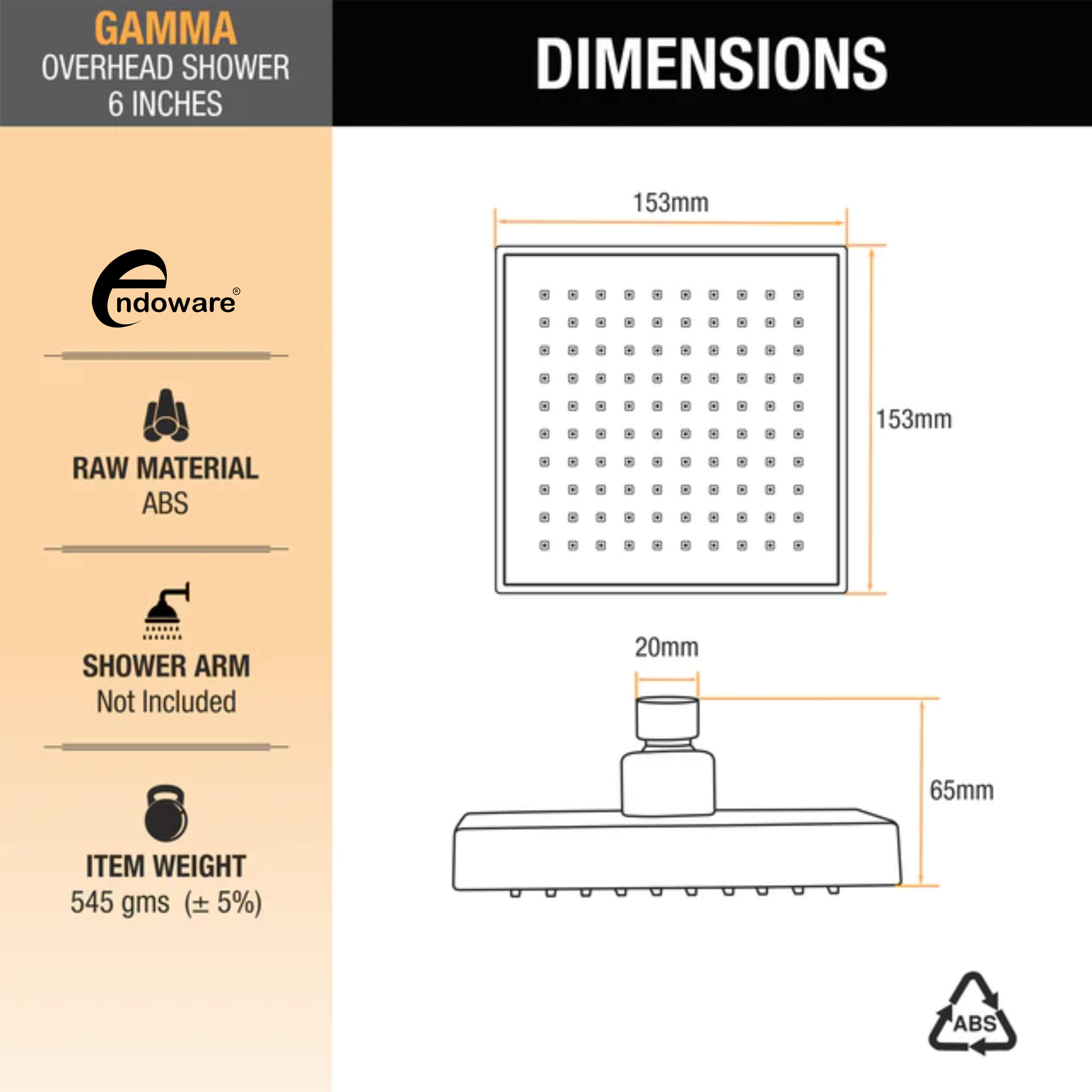 Endoware Gamma 6 x 6 Inch Luxury Overhead Shower – Powerful Water Flow
