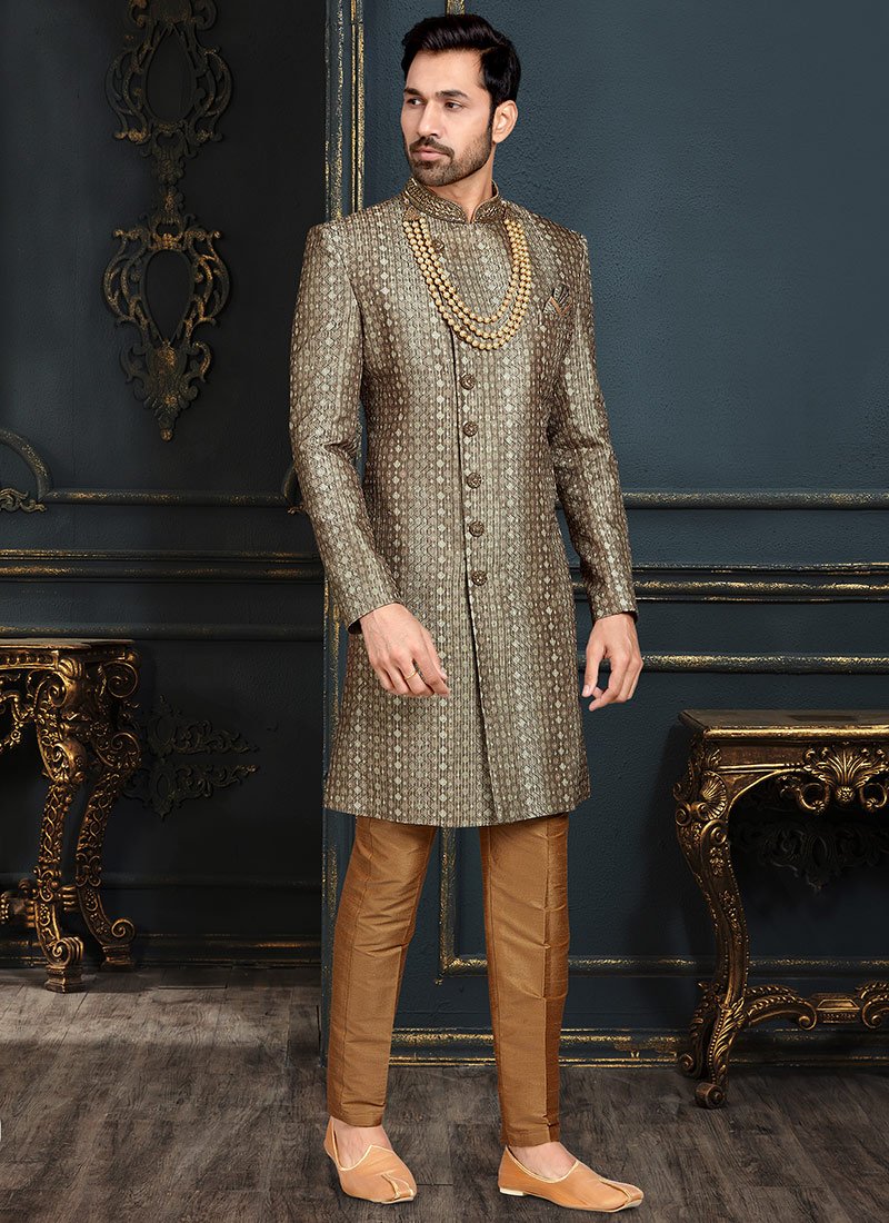 Deep Grey Benarasi Jacquard Sequins Classic Sherwani
