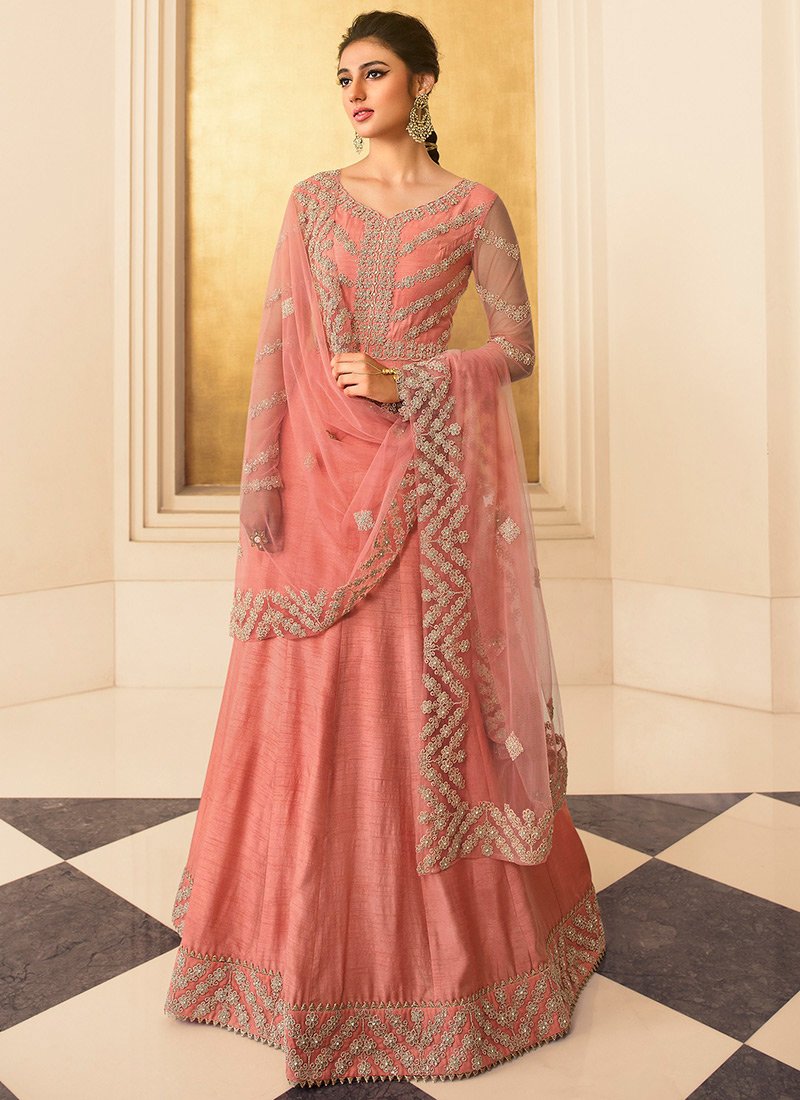Peach Banarasi Art Silk Embroidered N Stones Anarkali Suit Wedding Wear
