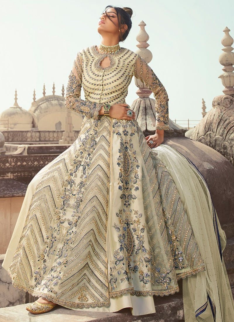 Pastel Green Net Sequins Umbrella Lehenga Wedding Wear