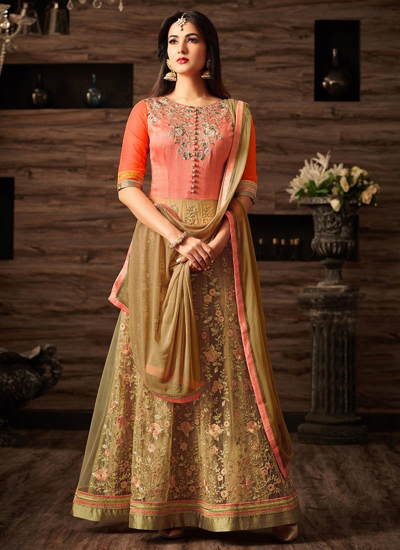 Net Abaya Style Sonal Chauhan Peach Anarkali Salwar kameez