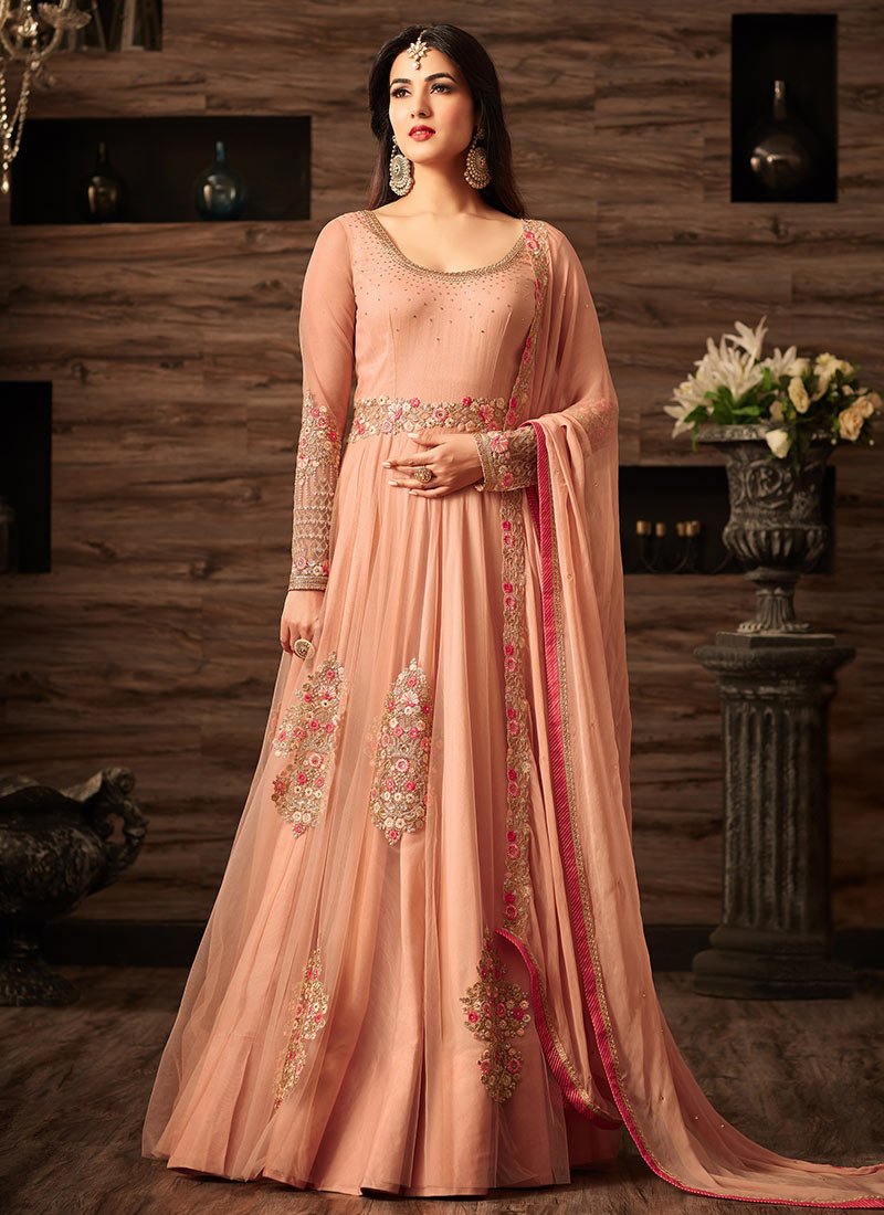 Sonal Chauhan Peach Party Wear Net Abaya Style Anarkali Salwar Suit.