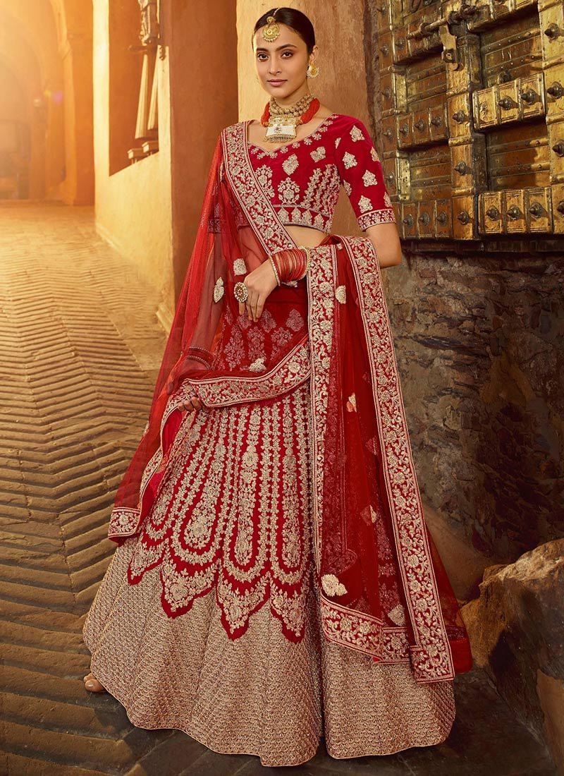 Red Velvet Embroidered Umbrella Lehenga Wedding Wear