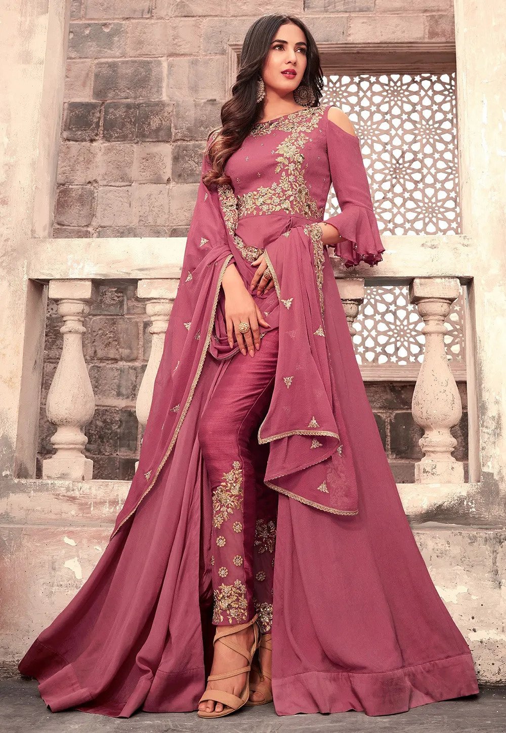 Bollywood Actress Sonal Chauhan Embroidered Georgette Abaya Style Suit In Old Rose Color