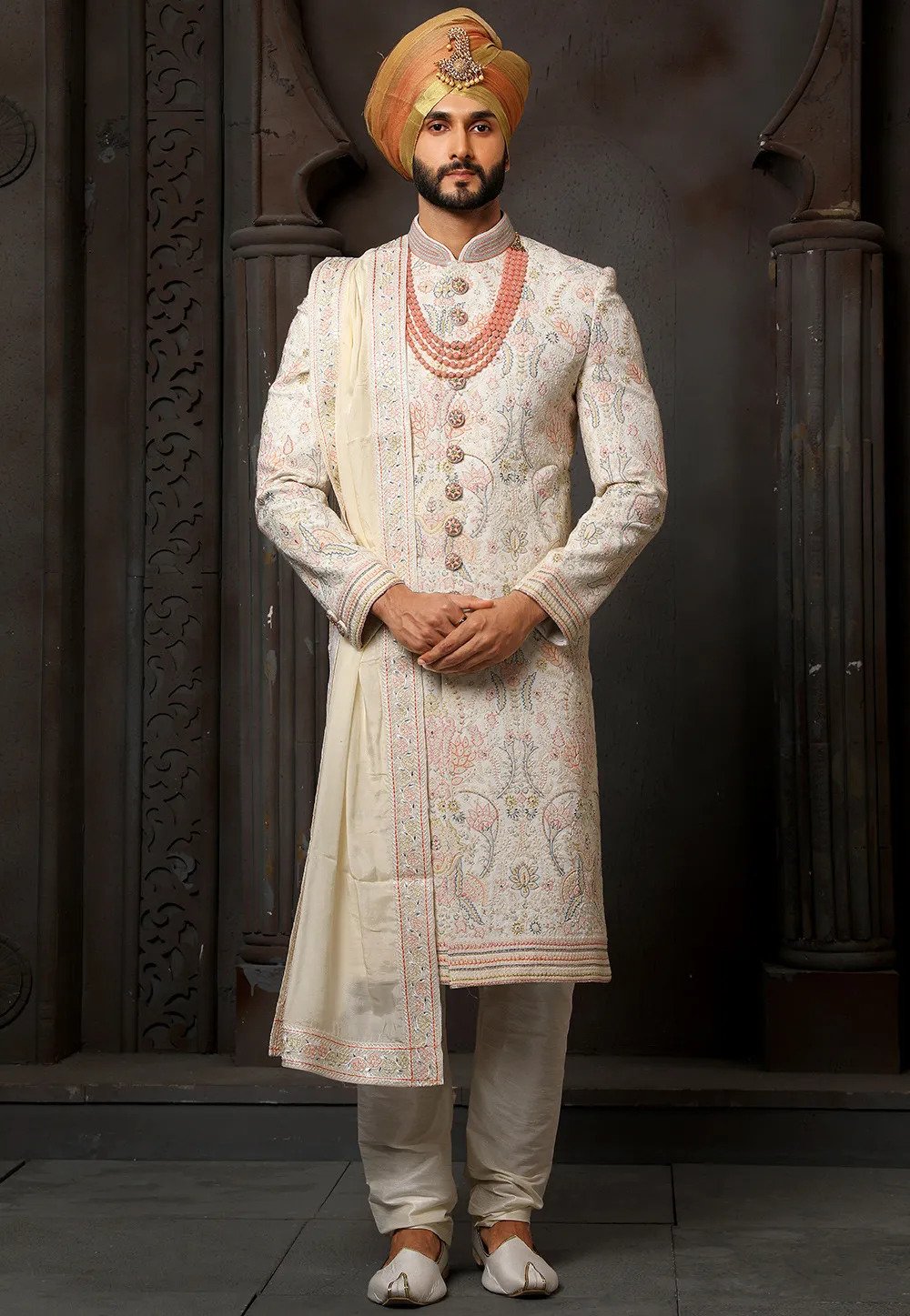 Embroidered Georgette Royal Wedding Sherwani In Cream Color