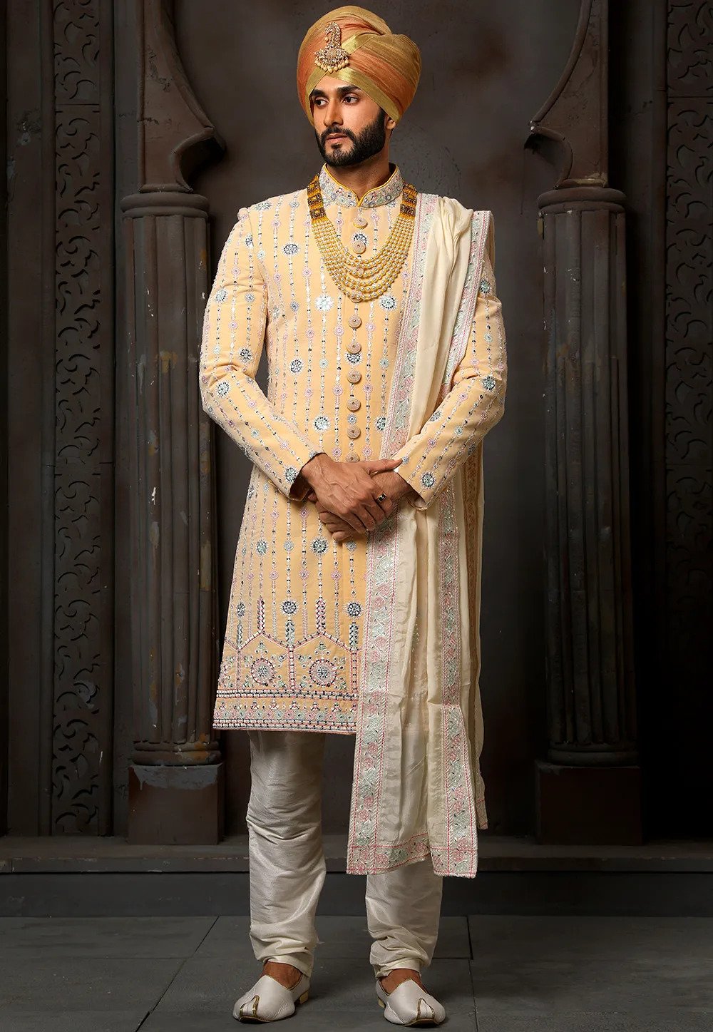 Hand Embroidered Georgette The Royal Wedding Sherwani in Yellow Color.