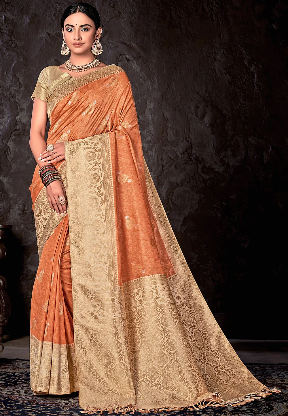 Banarasi Silk Saree In Light Orange Color