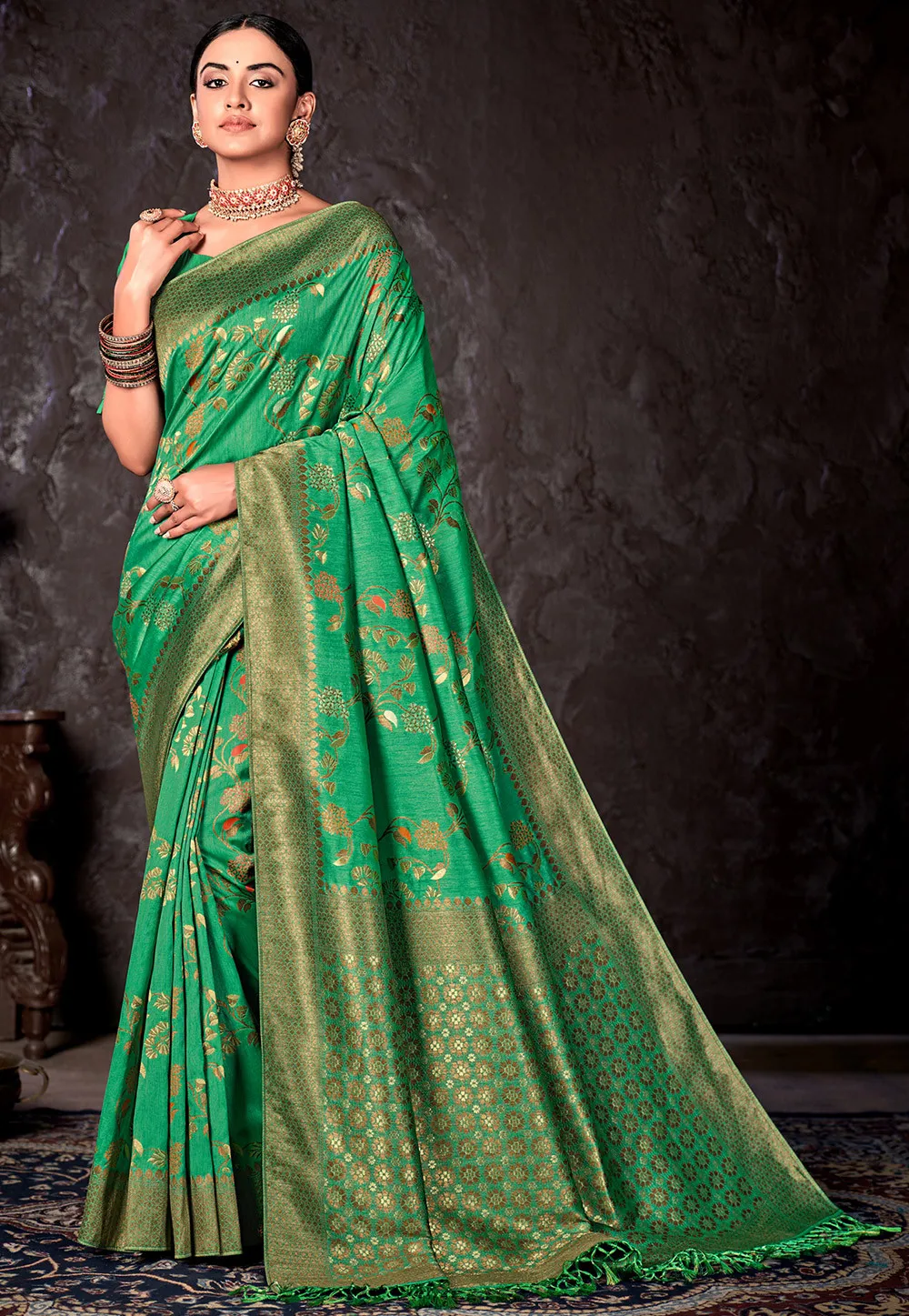Banarasi Silk Woven Saree in Green Color
