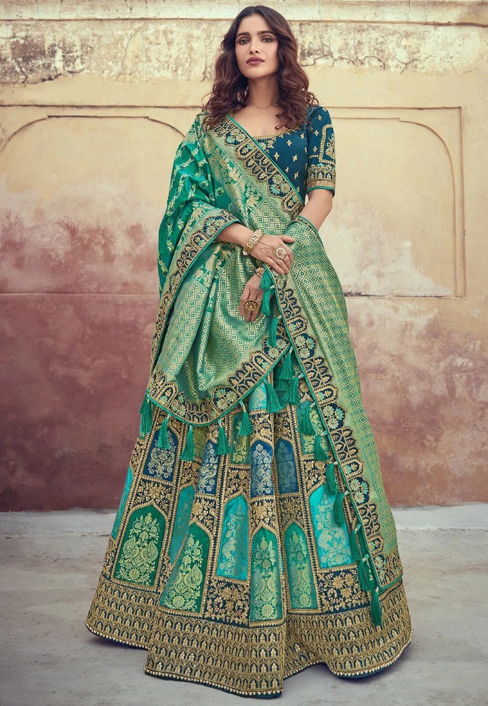 Art Silk Jacquard Wedding Lehenga in Teal Green and Blue Color