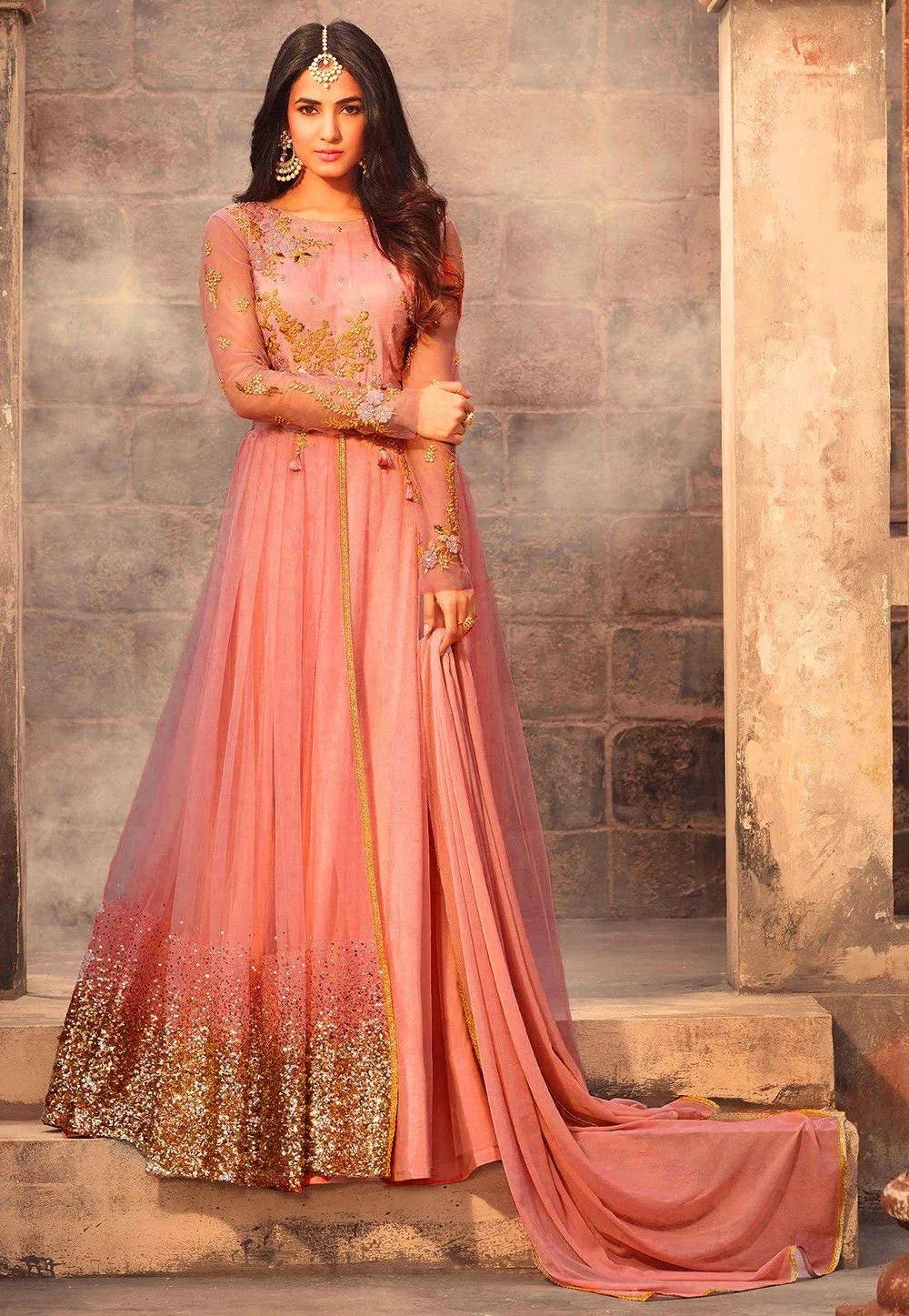 Sonal Chauhan, A Bollywood Actress Embroidered Net Abaya Style Suit in Baby Pink
