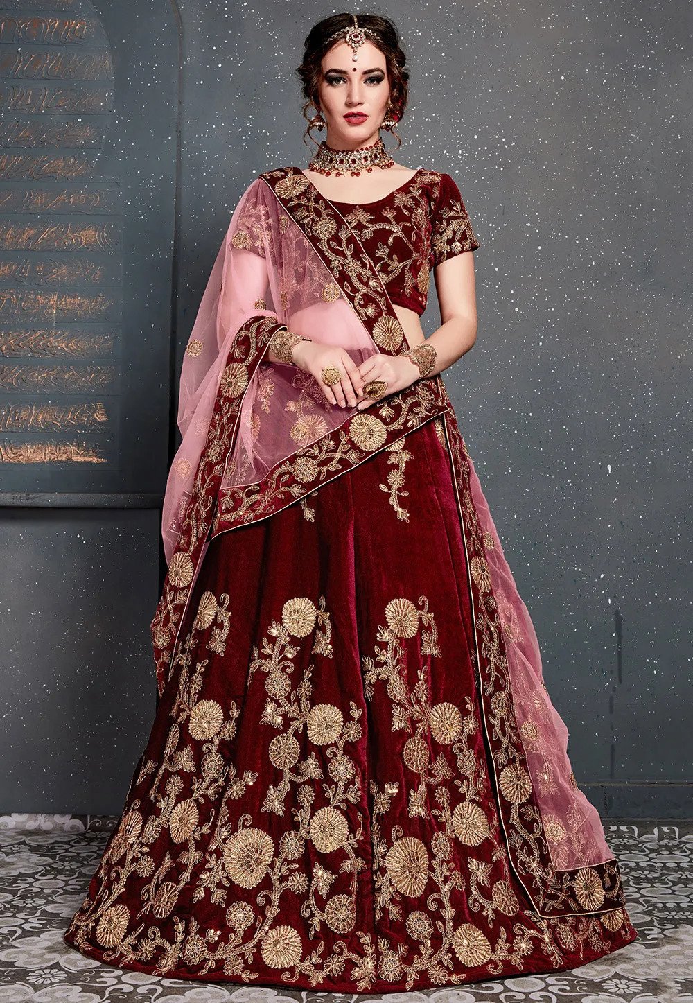 Velvet Fabric Wedding Lehenga in Maroon