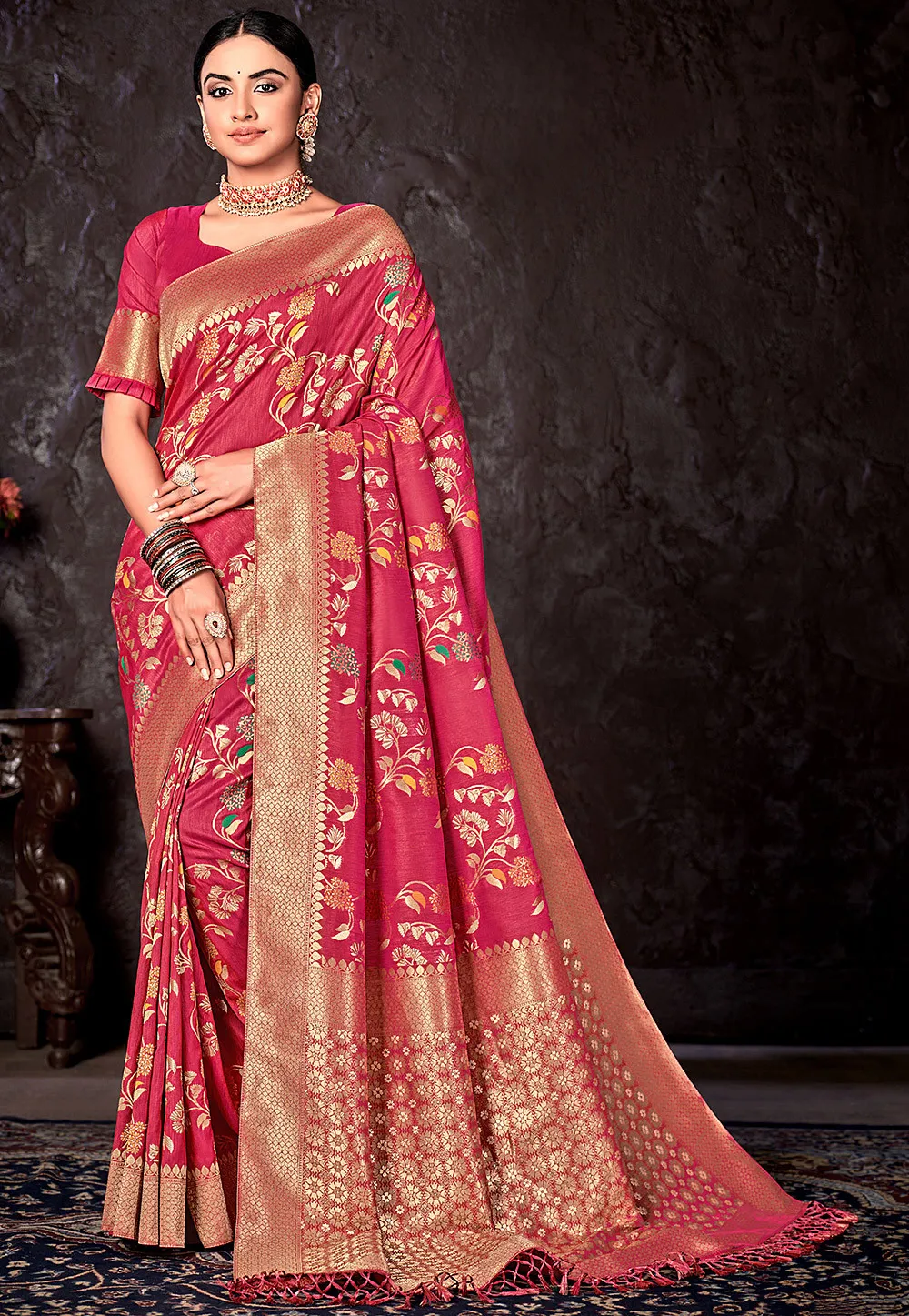 Banarasi Silk Saree in Dark Fuchsia Color