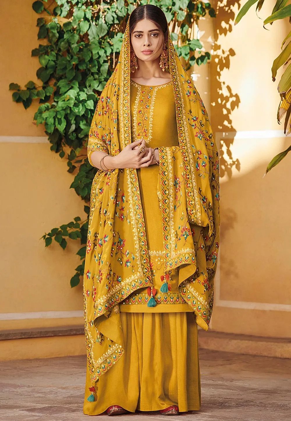 Art Silk Pakistani Suit in Mustard Yellow Color