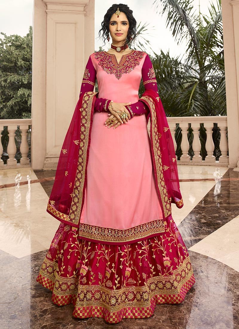Pink violet Embroidered Long Choli Lehenga Party Wear