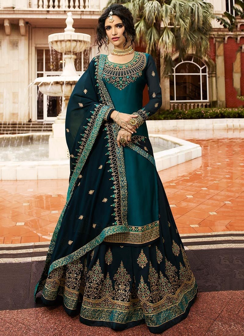 Teal Blue Long Choli Lehenga Party Wear