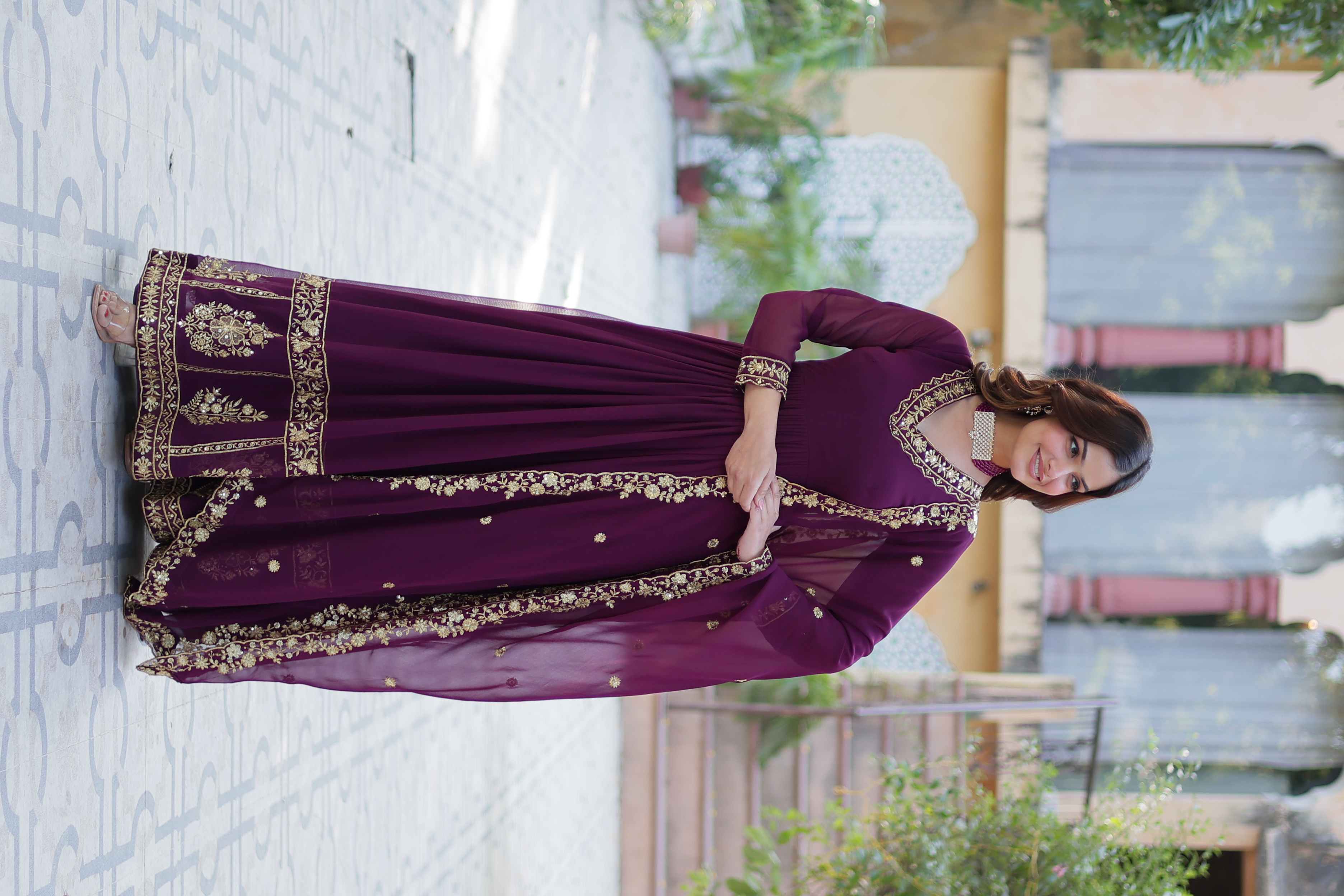 The elegant purple anarkali salwar kameez, specially crafted for the festive occasion of Eid