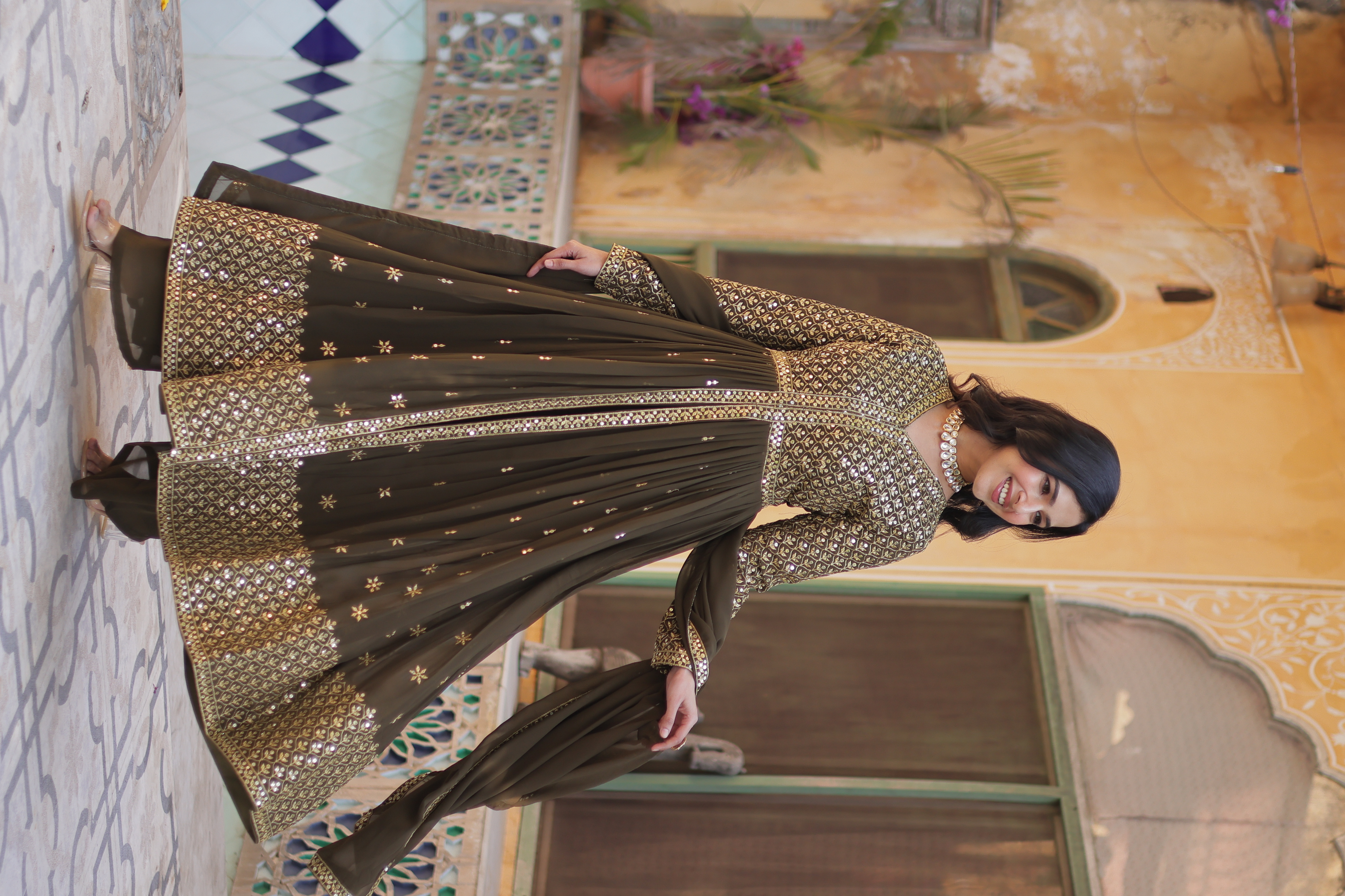This exquisite collection of readymade mehendi colour Anarkali salwar suits 