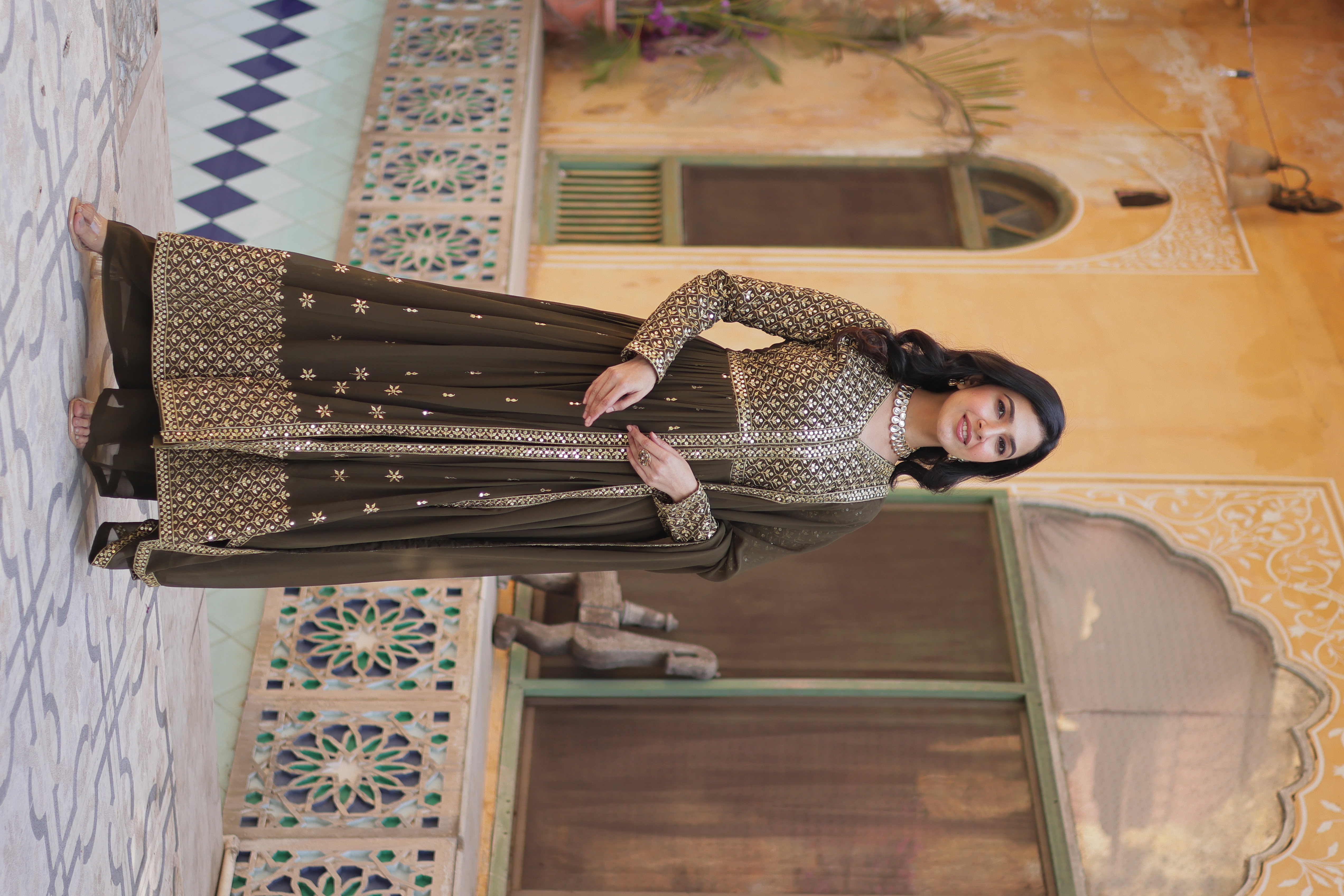 This exquisite collection of readymade mehendi colour Anarkali salwar suits 