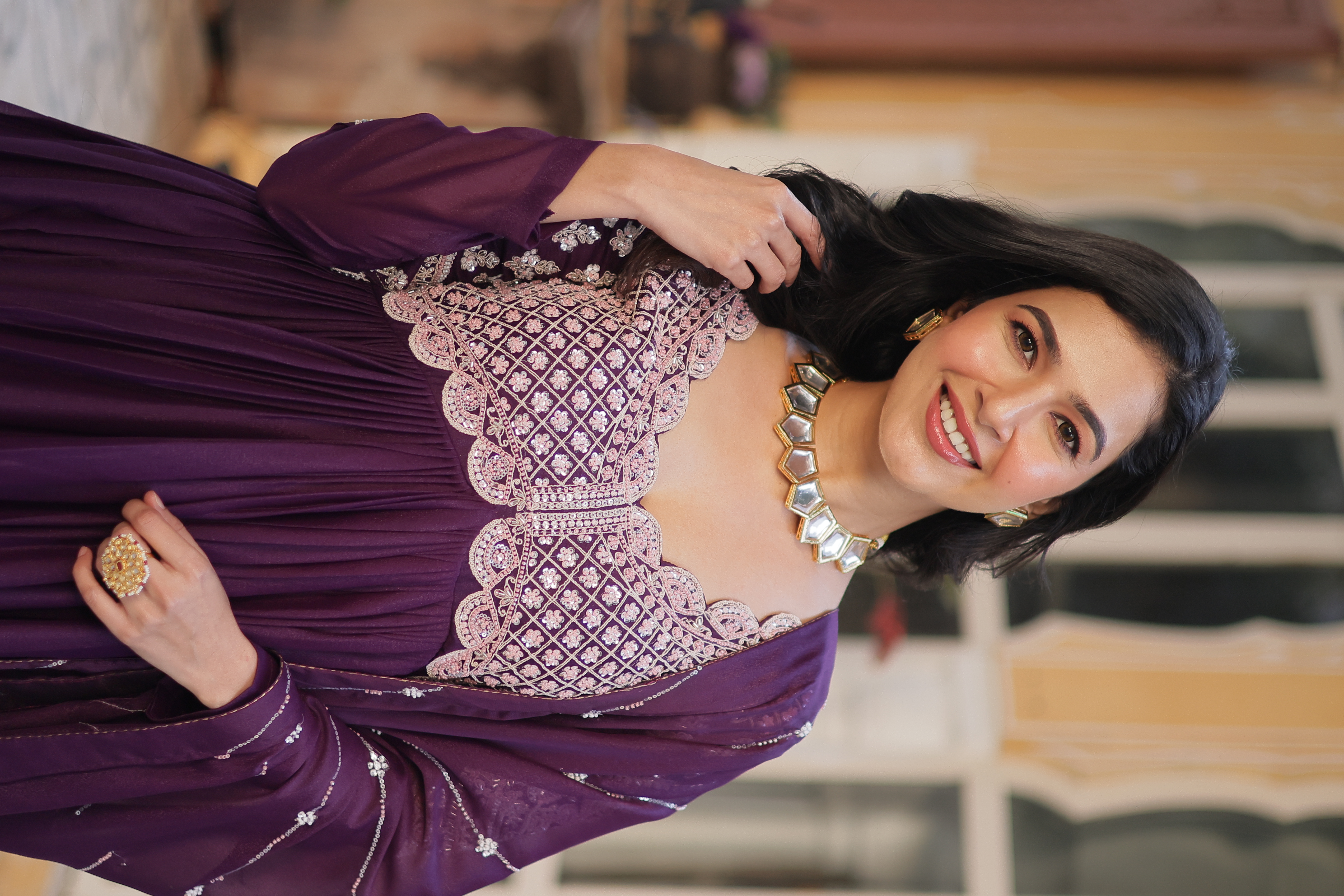 The enchanting allure of sequinned embroidery on purple georgette fabric makes this Purple Dream Gown