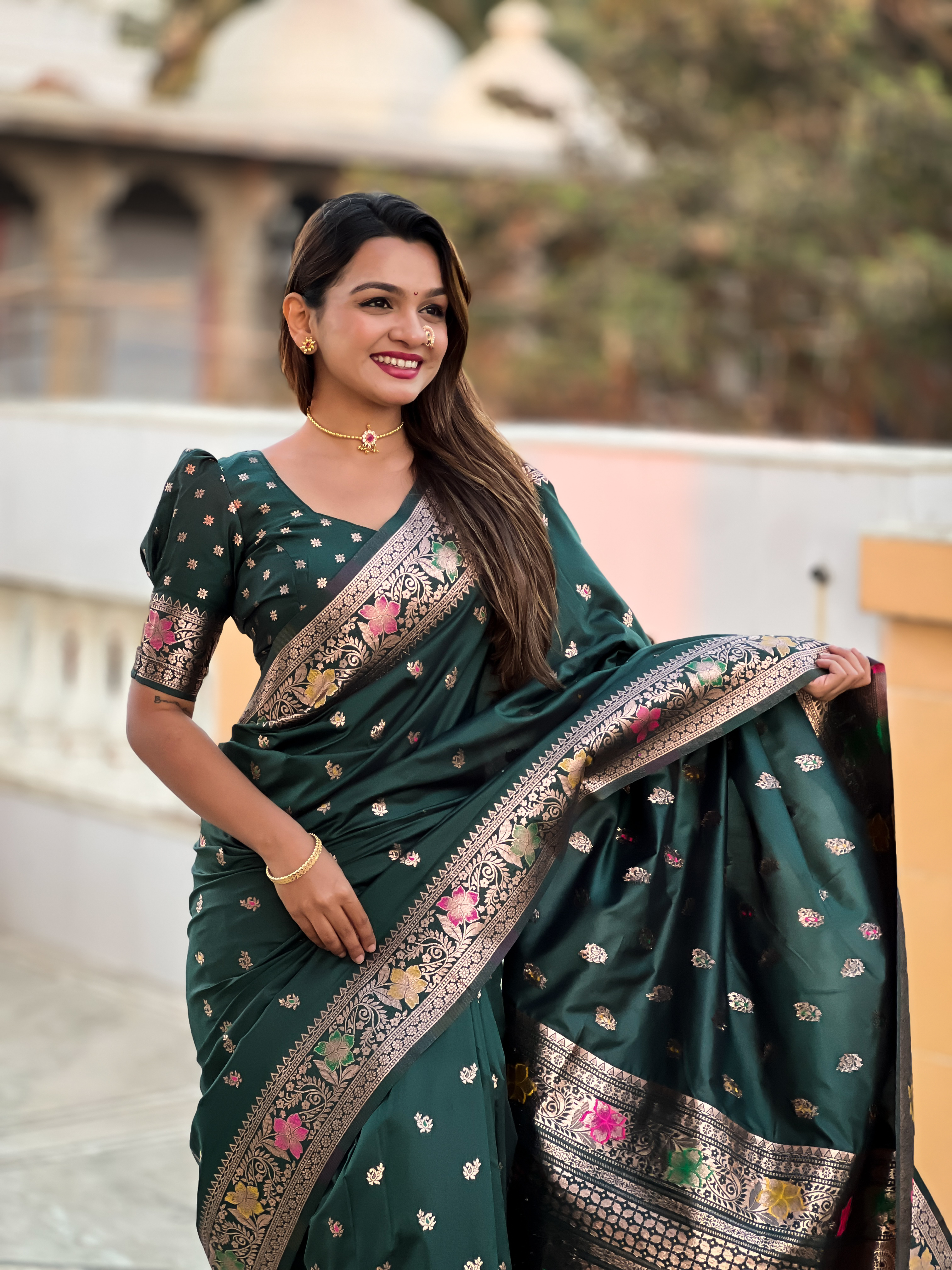 the enchanting allure of the bottle green soft Banarasi silk saree