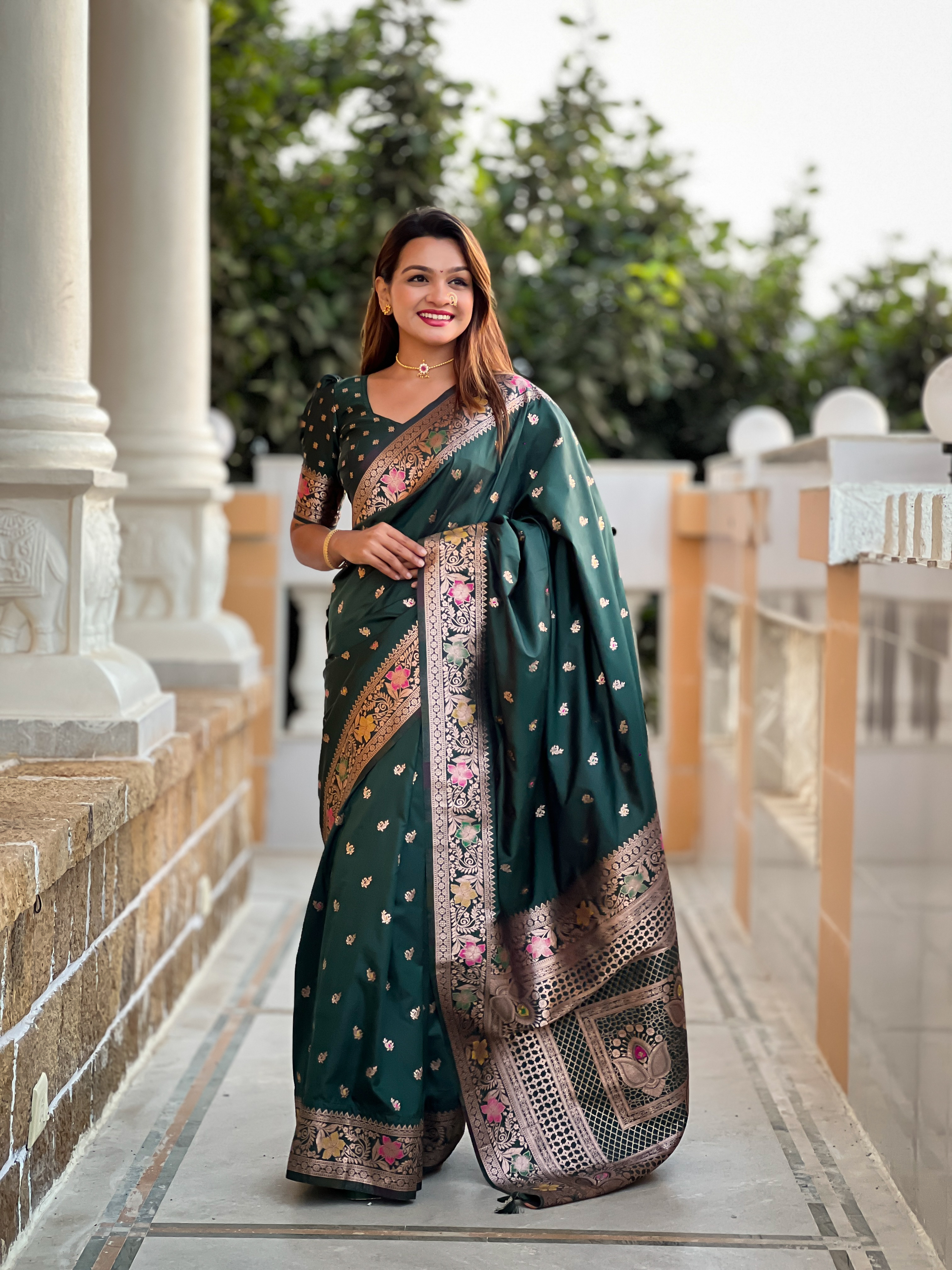 the enchanting allure of the bottle green soft Banarasi silk saree