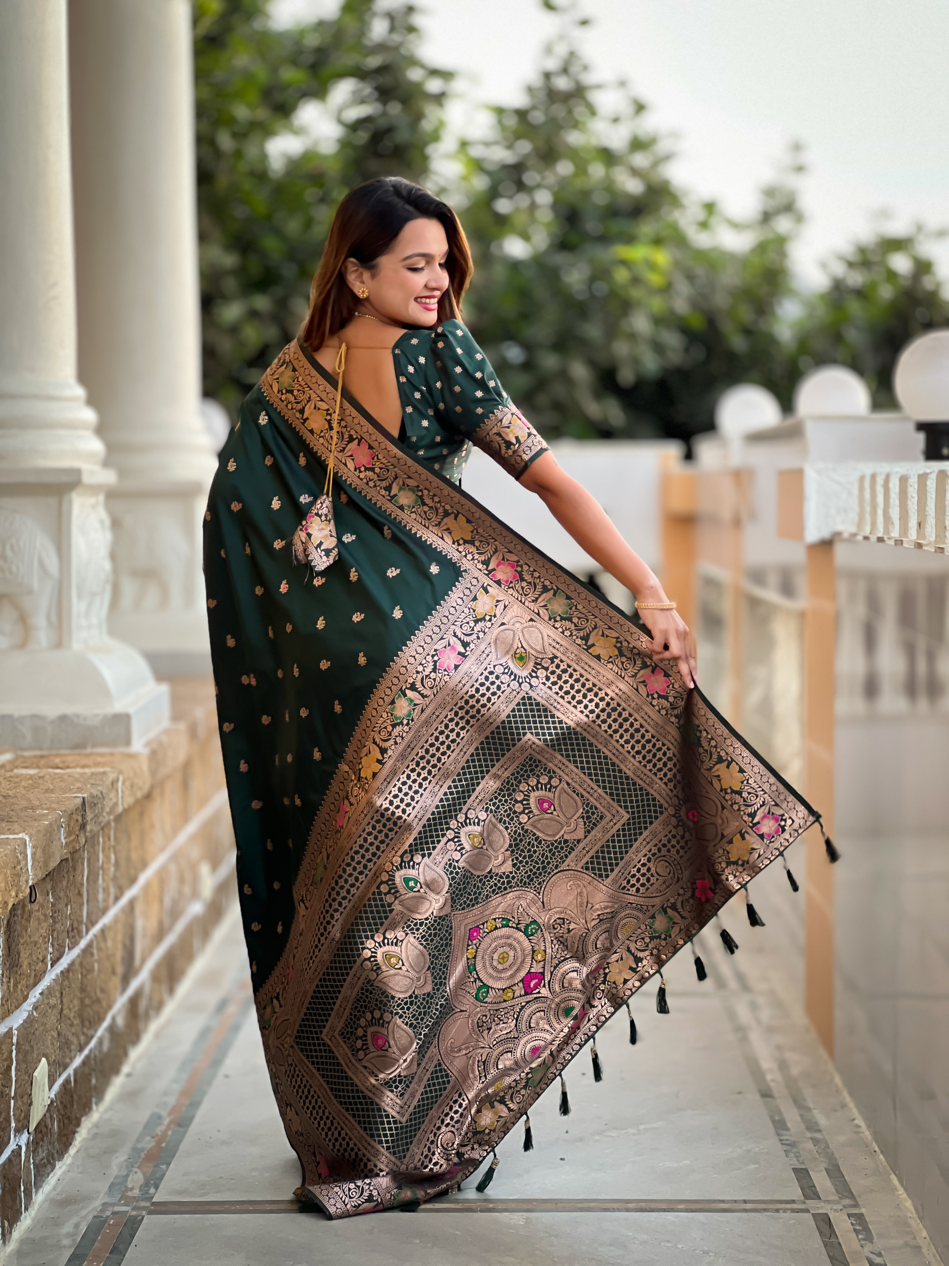 the enchanting allure of the bottle green soft Banarasi silk saree