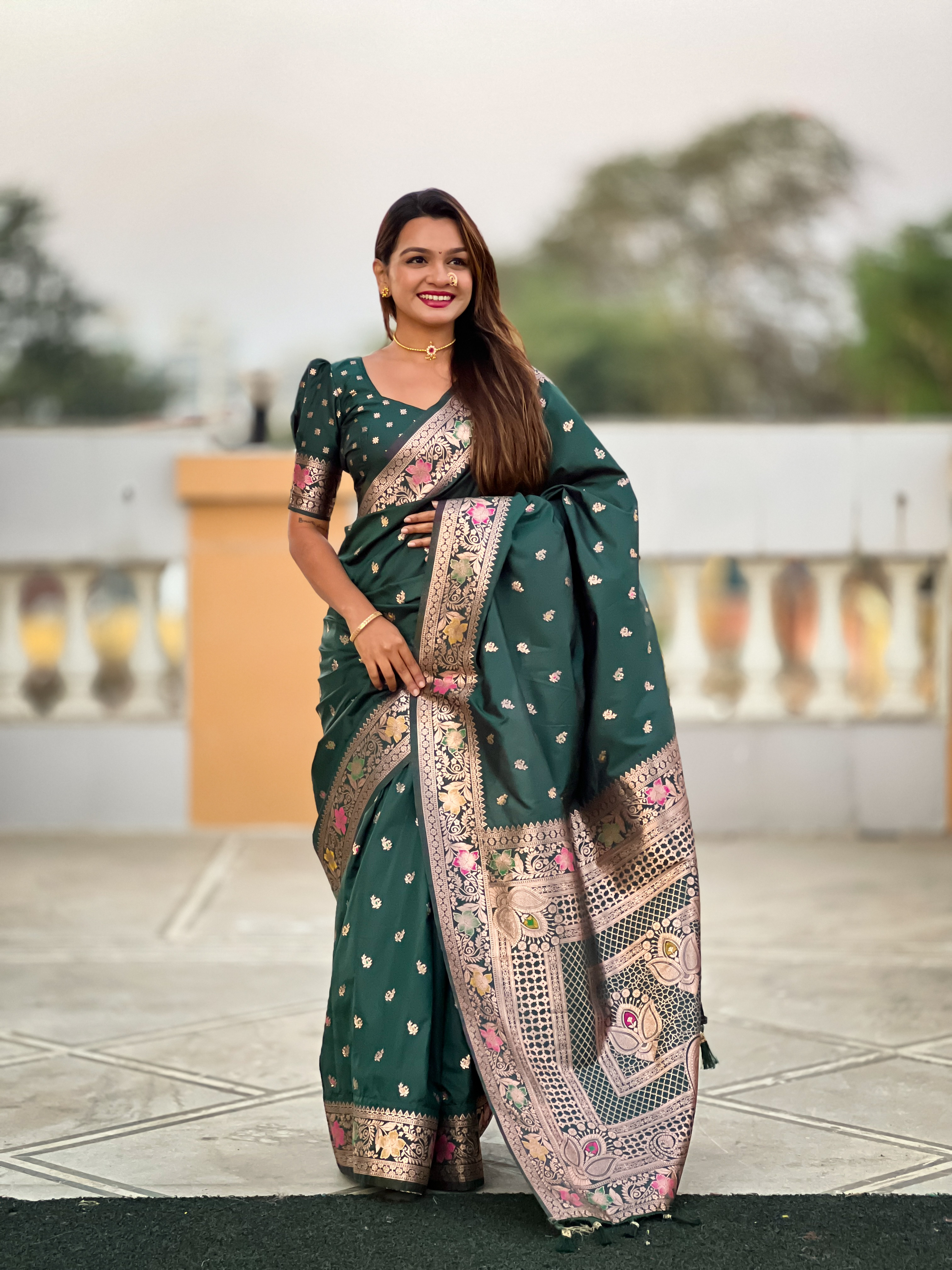 the enchanting allure of the bottle green soft Banarasi silk saree
