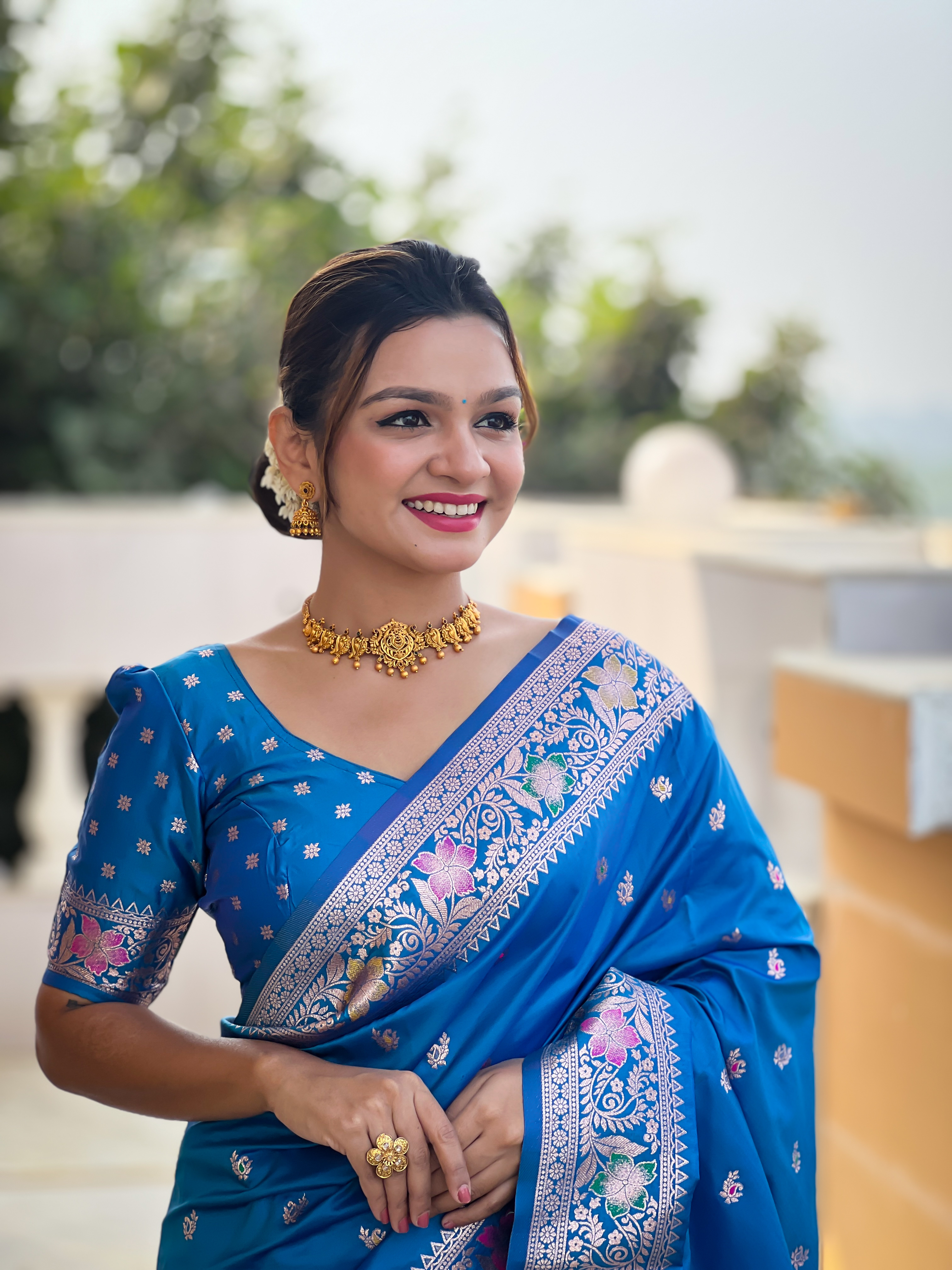 Step into grace with this stunning sky blue Banarasi silk saree