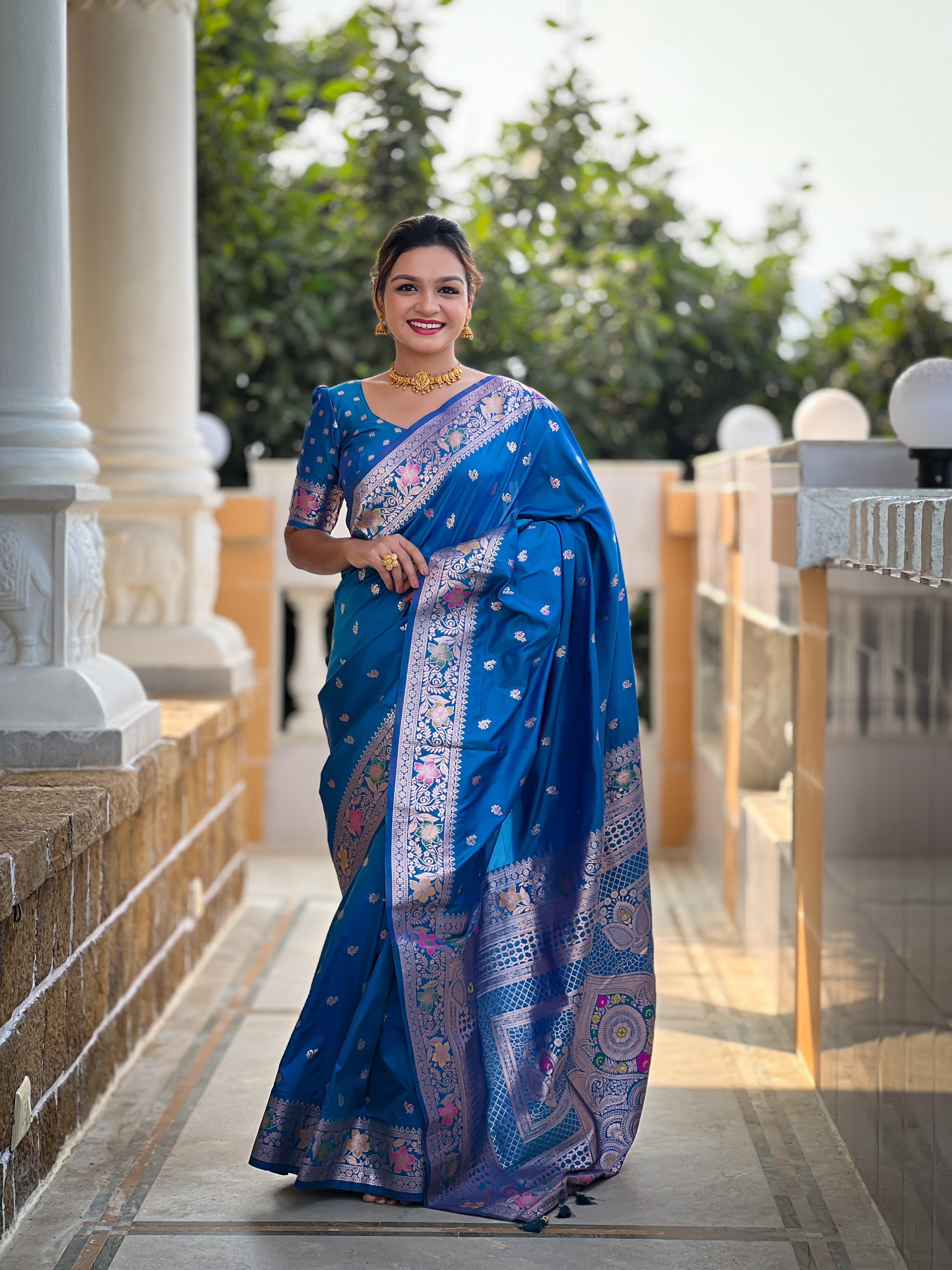 Step into grace with this stunning sky blue Banarasi silk saree