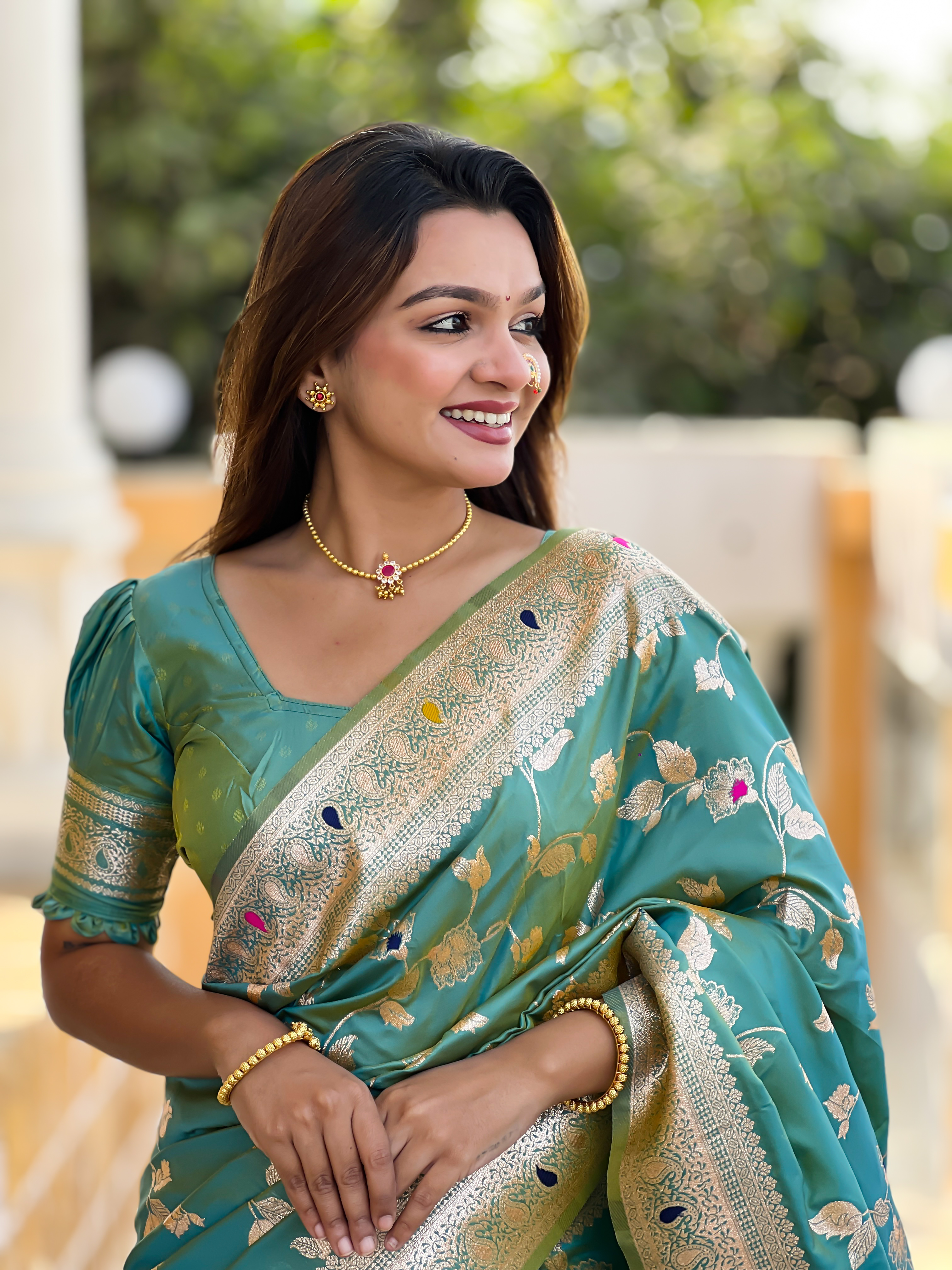 Elevate your ethnic wardrobe with this exquisite pistachio green Banarasi silk saree