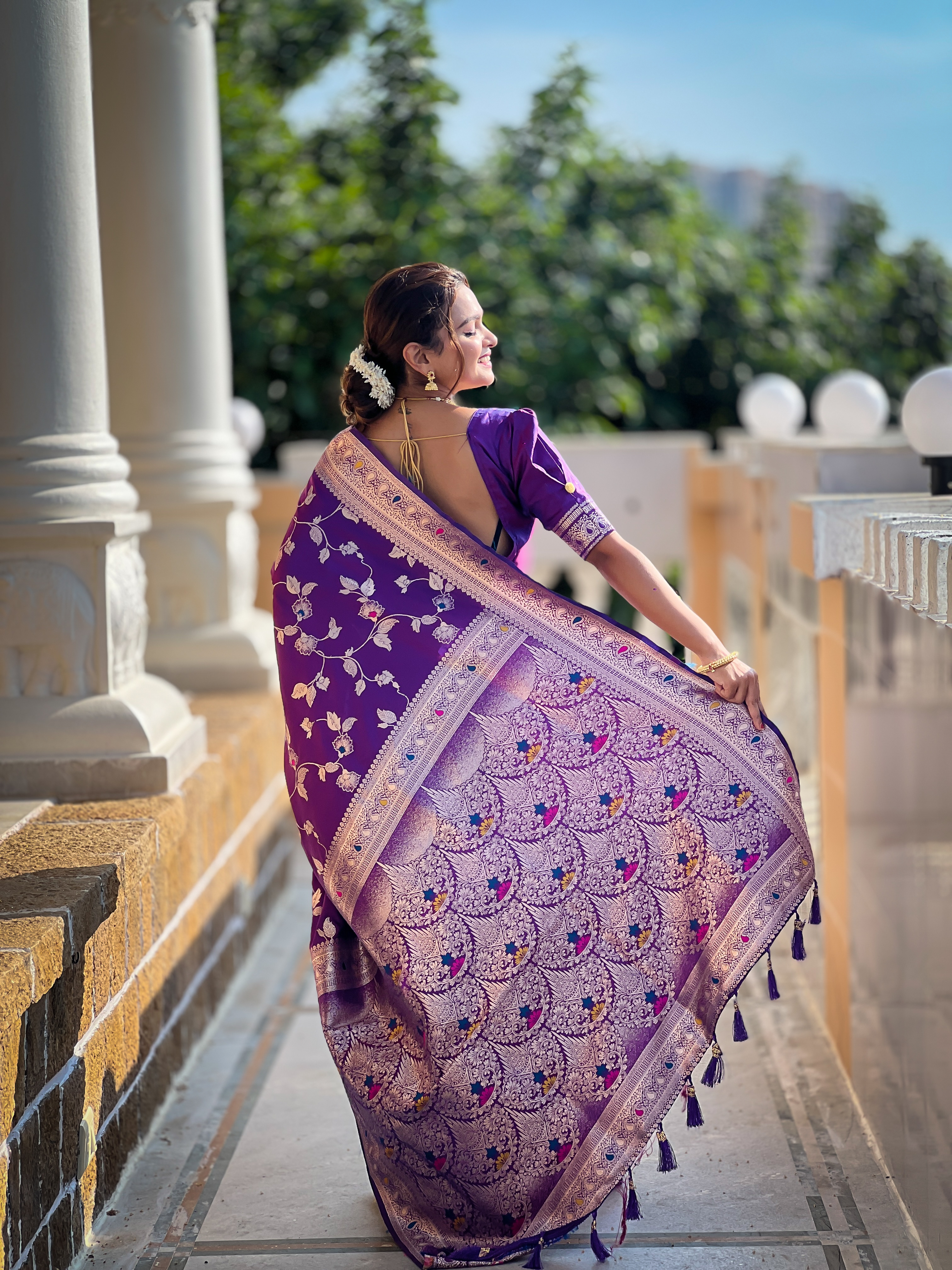 Make a statement with this enchanting purple Banarasi silk saree