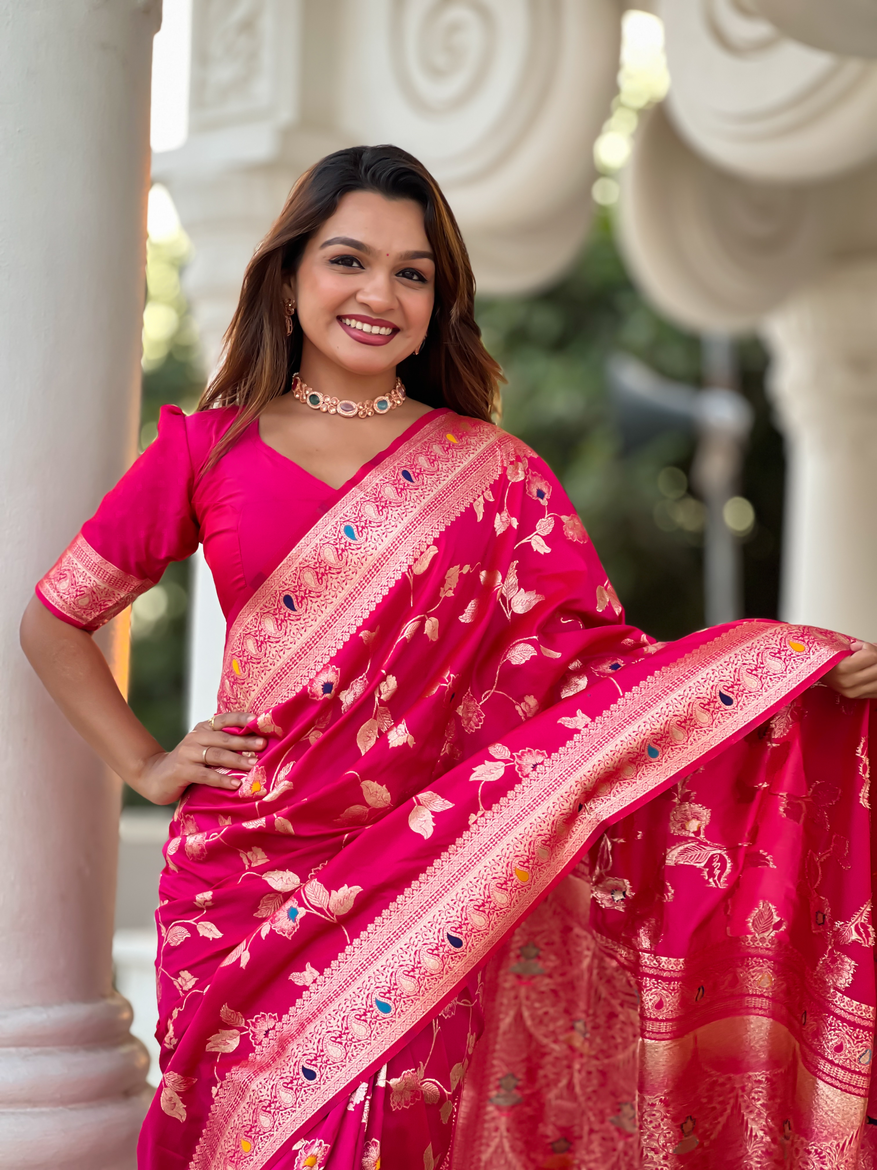 Elevate your look with this exquisite Rani pink Banarasi silk saree