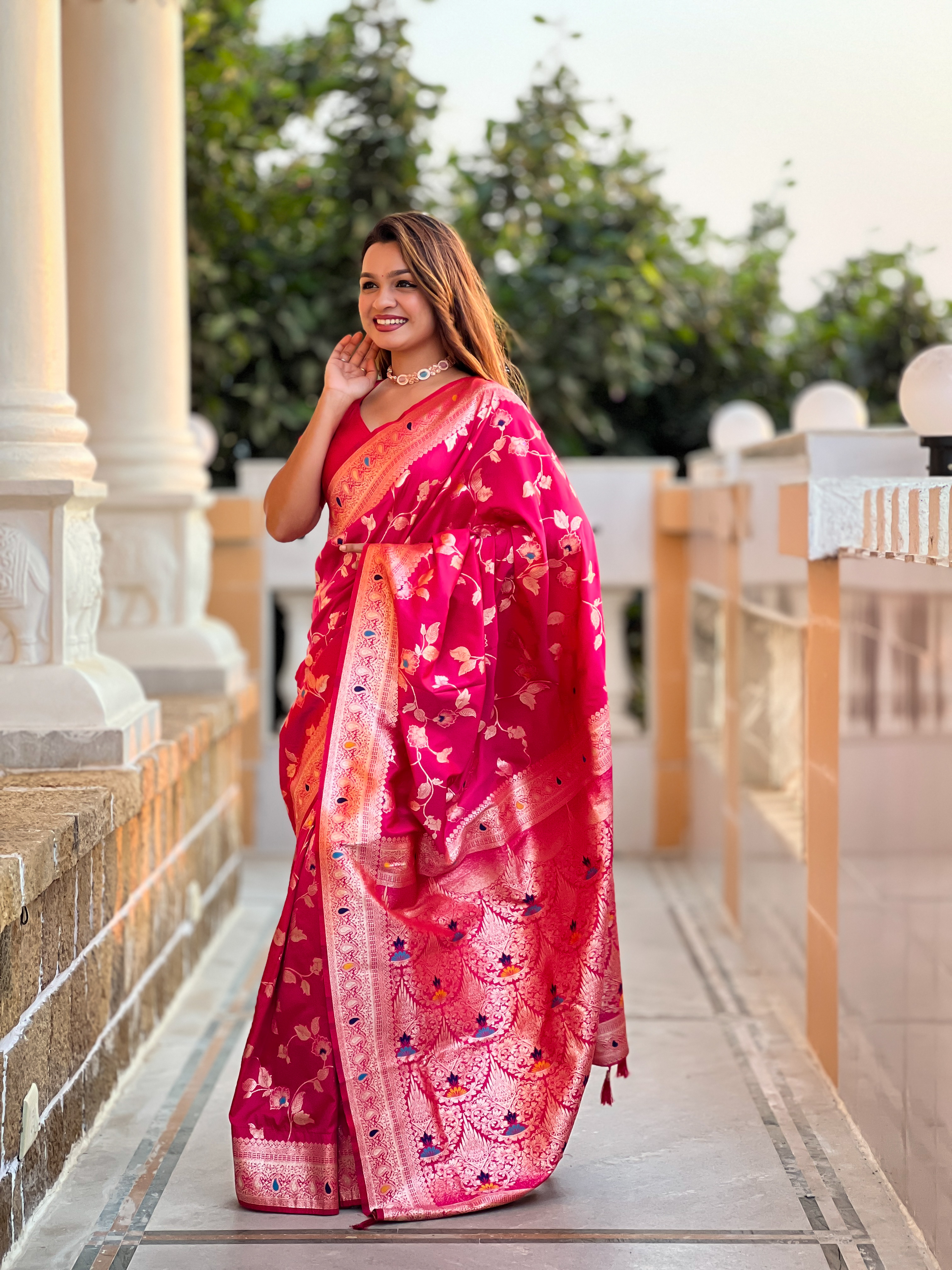 Elevate your look with this exquisite Rani pink Banarasi silk saree