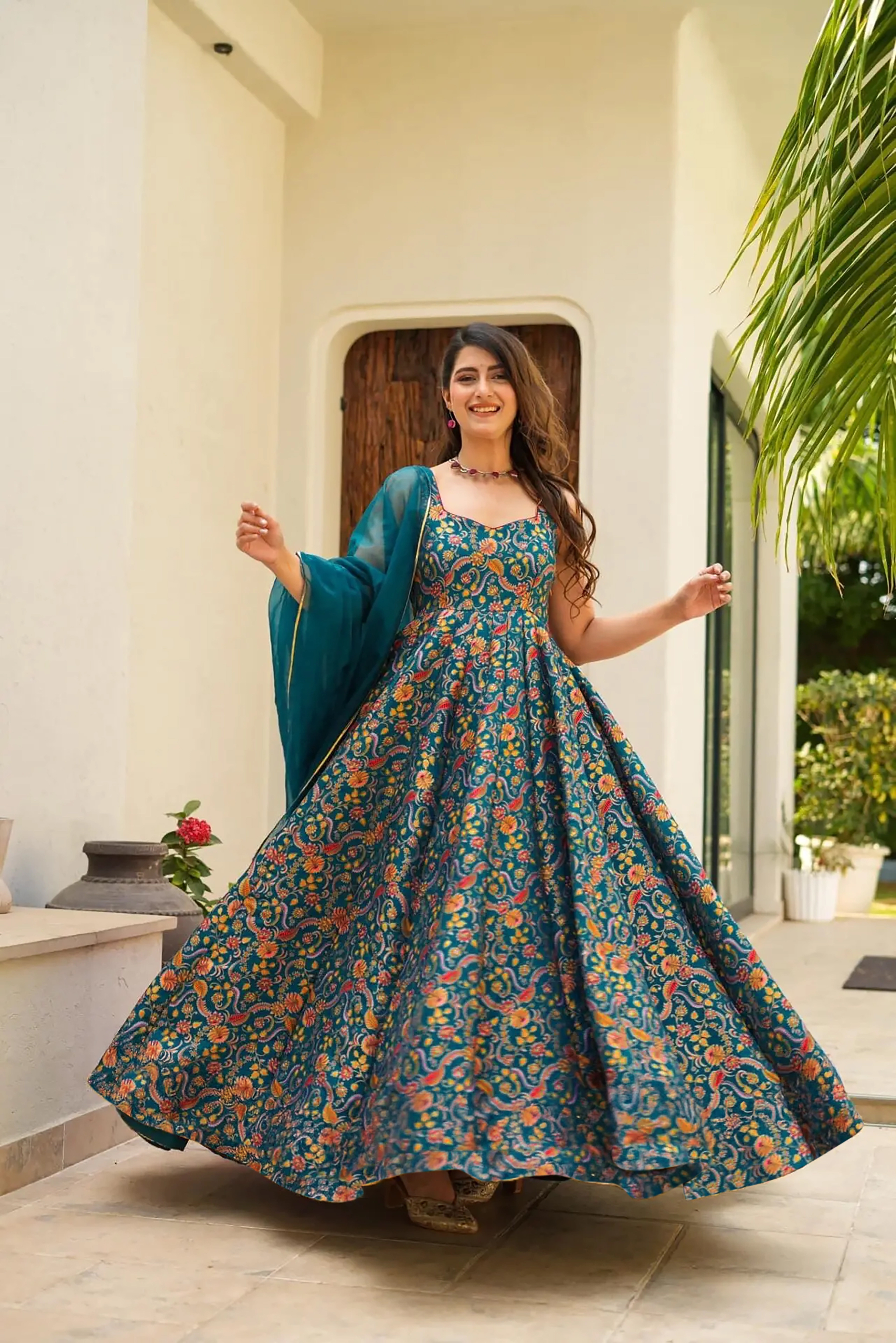 Elegant Rama Silk Long Gown with Organza Dupatta