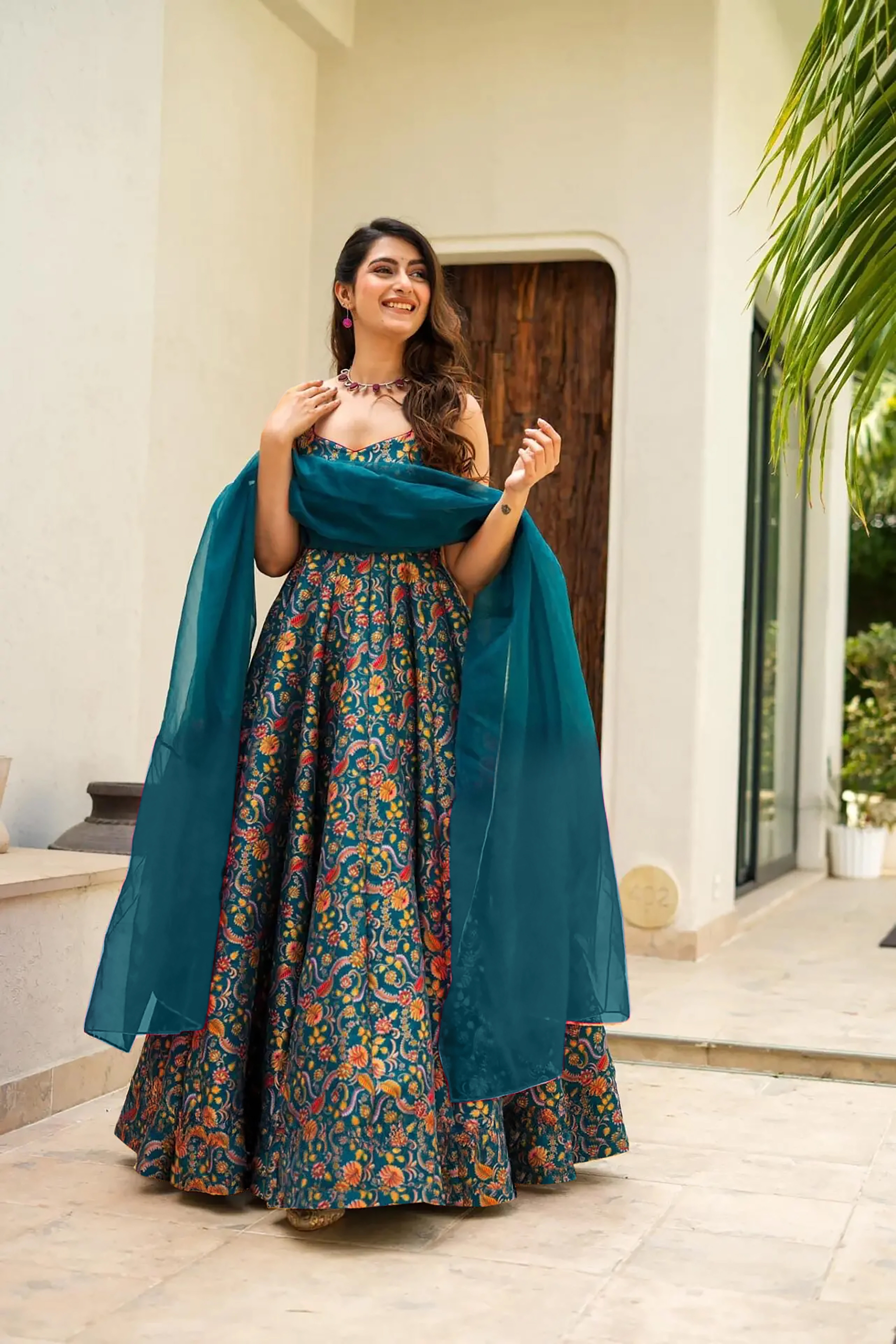 Elegant Rama Silk Long Gown with Organza Dupatta