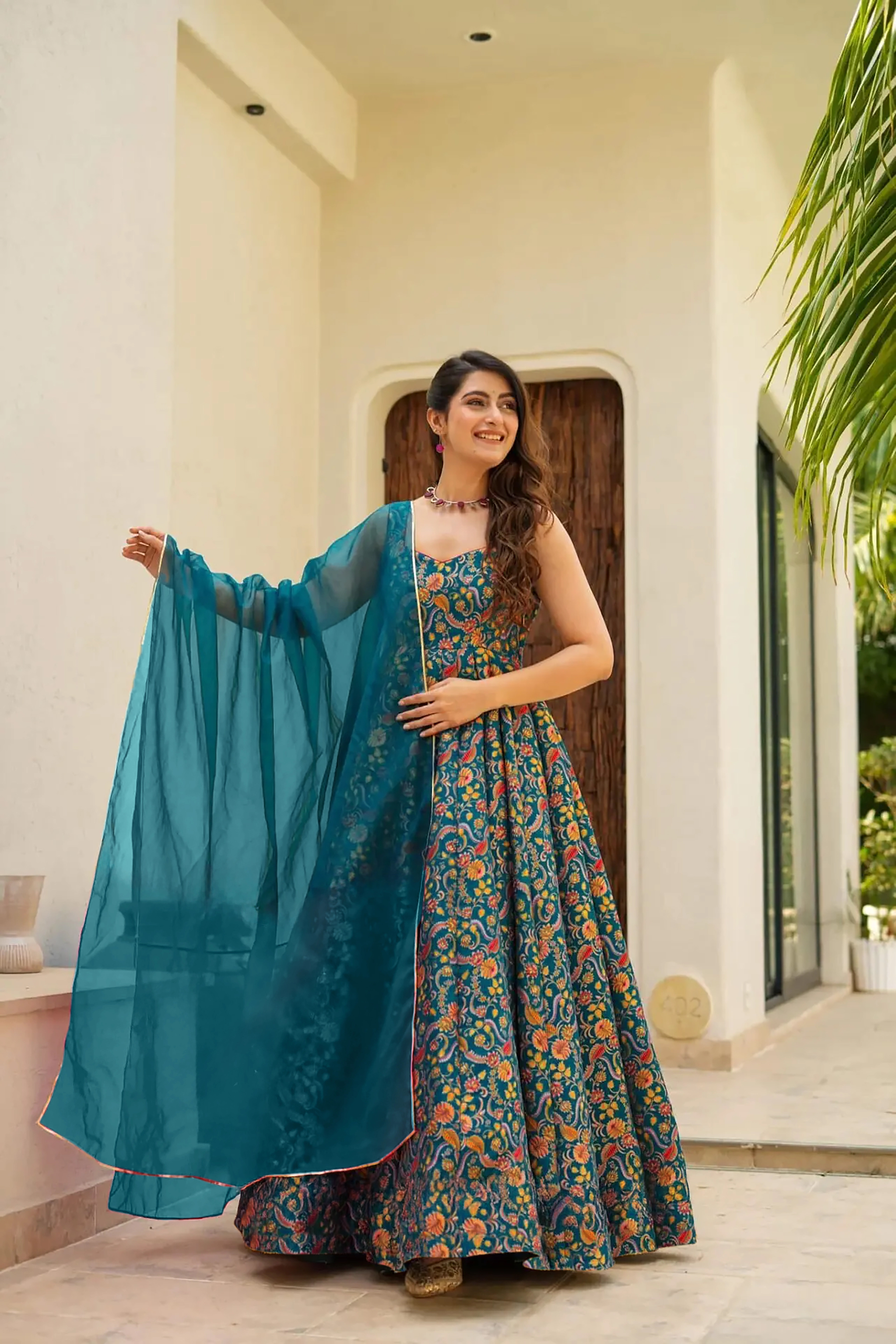 Elegant Rama Silk Long Gown with Organza Dupatta