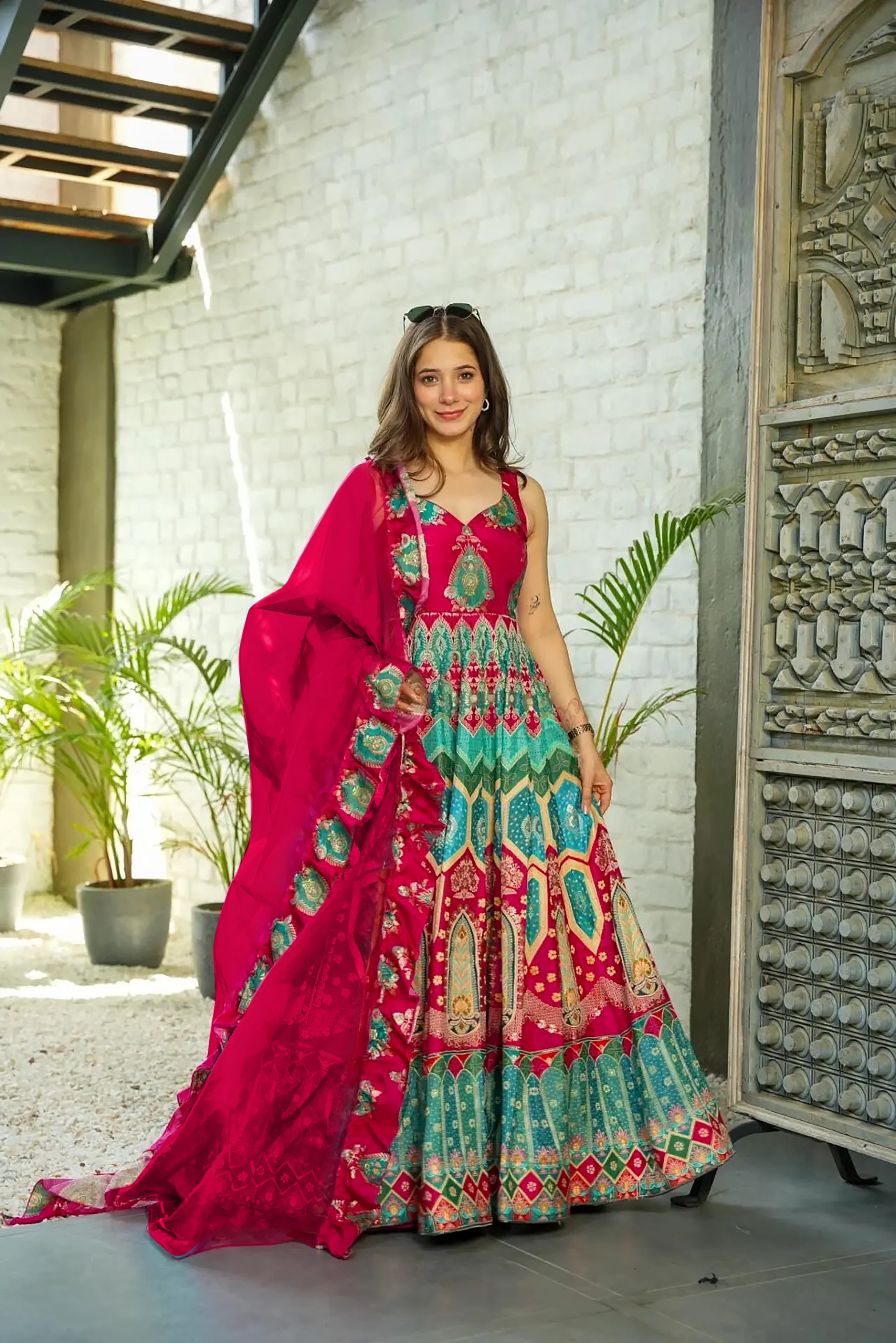 Elegant Pink Silk Long Gown with Organza Dupatta