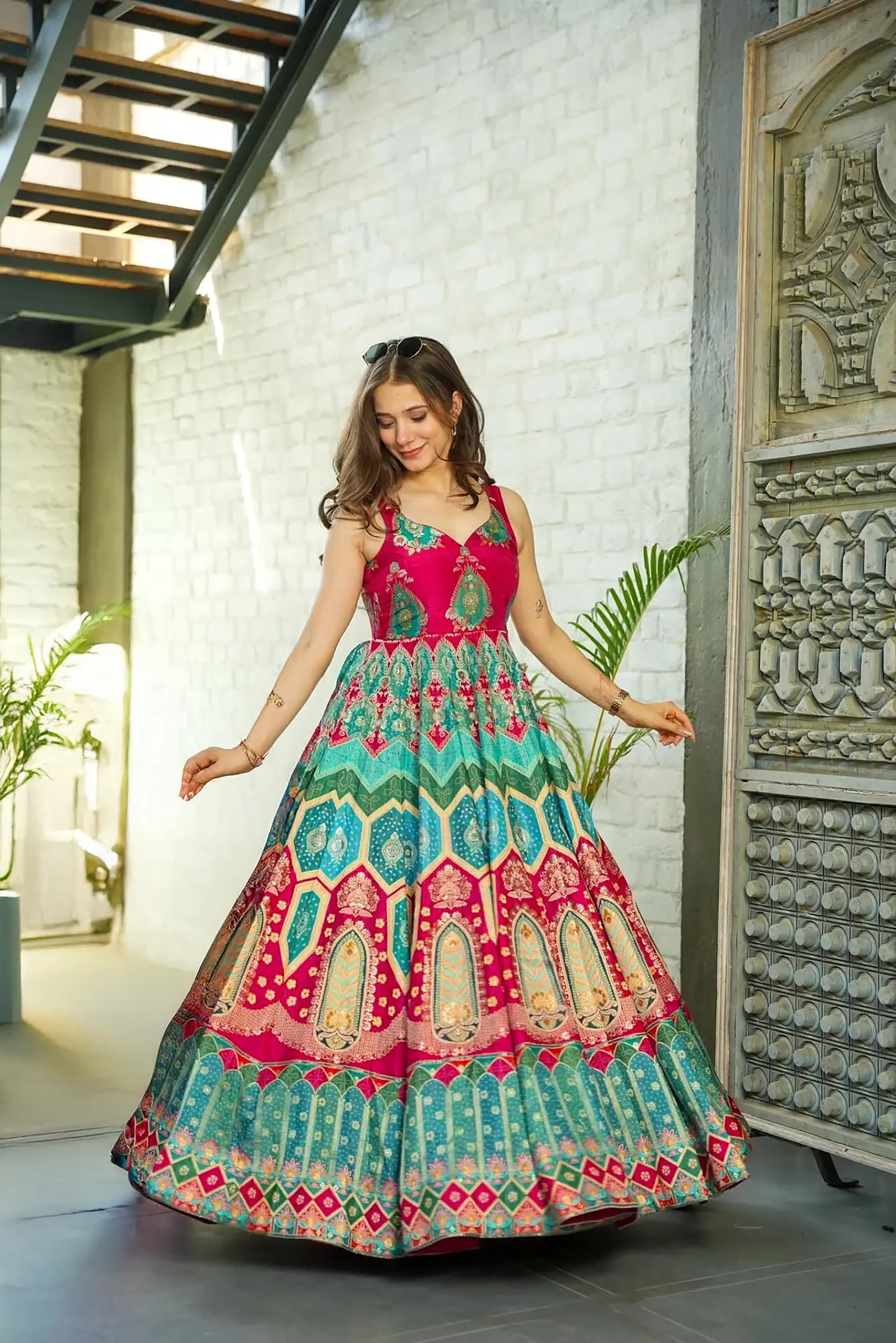 Elegant Pink Silk Long Gown with Organza Dupatta