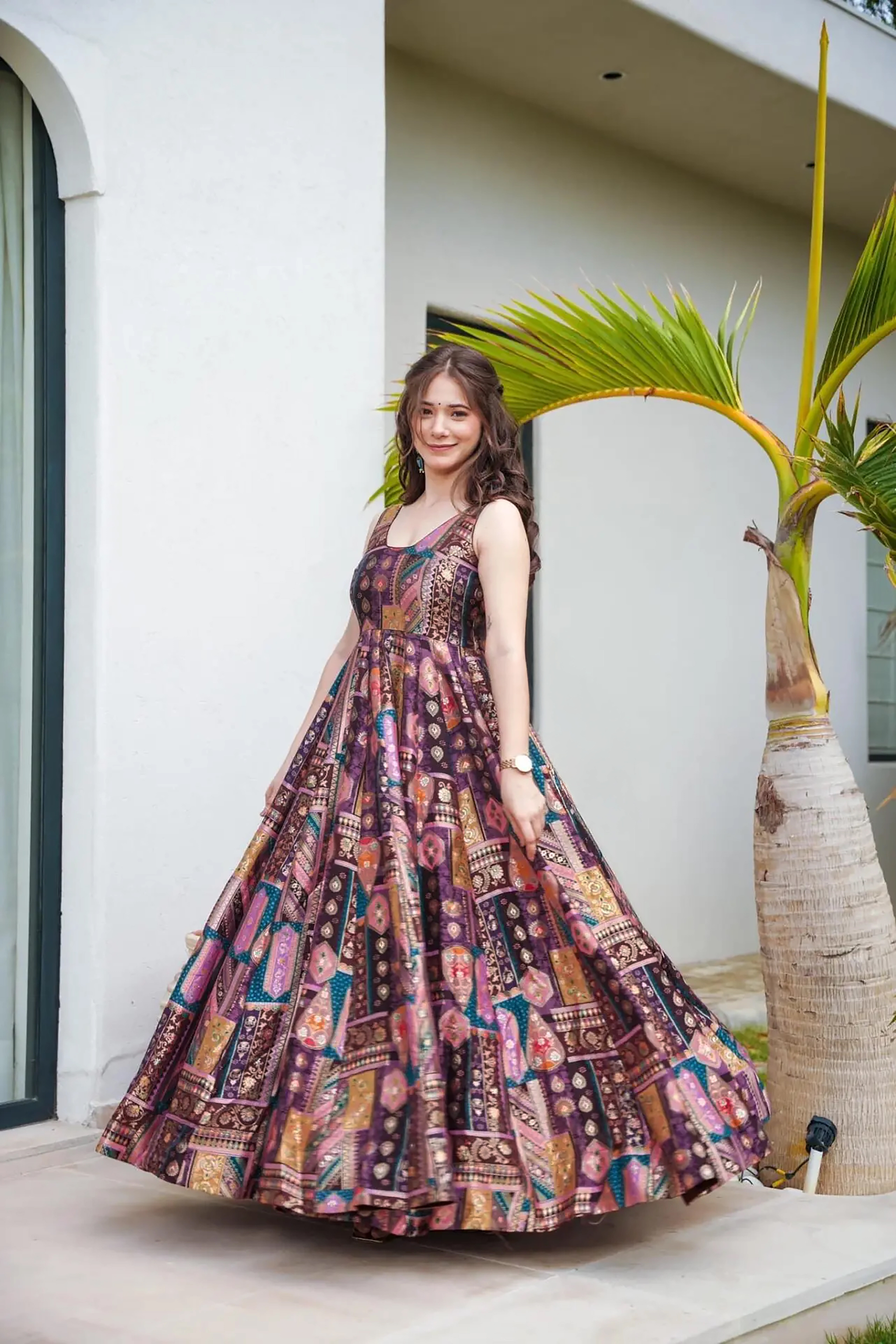 Embrace a chic and sophisticated look with this lavender silk long gown