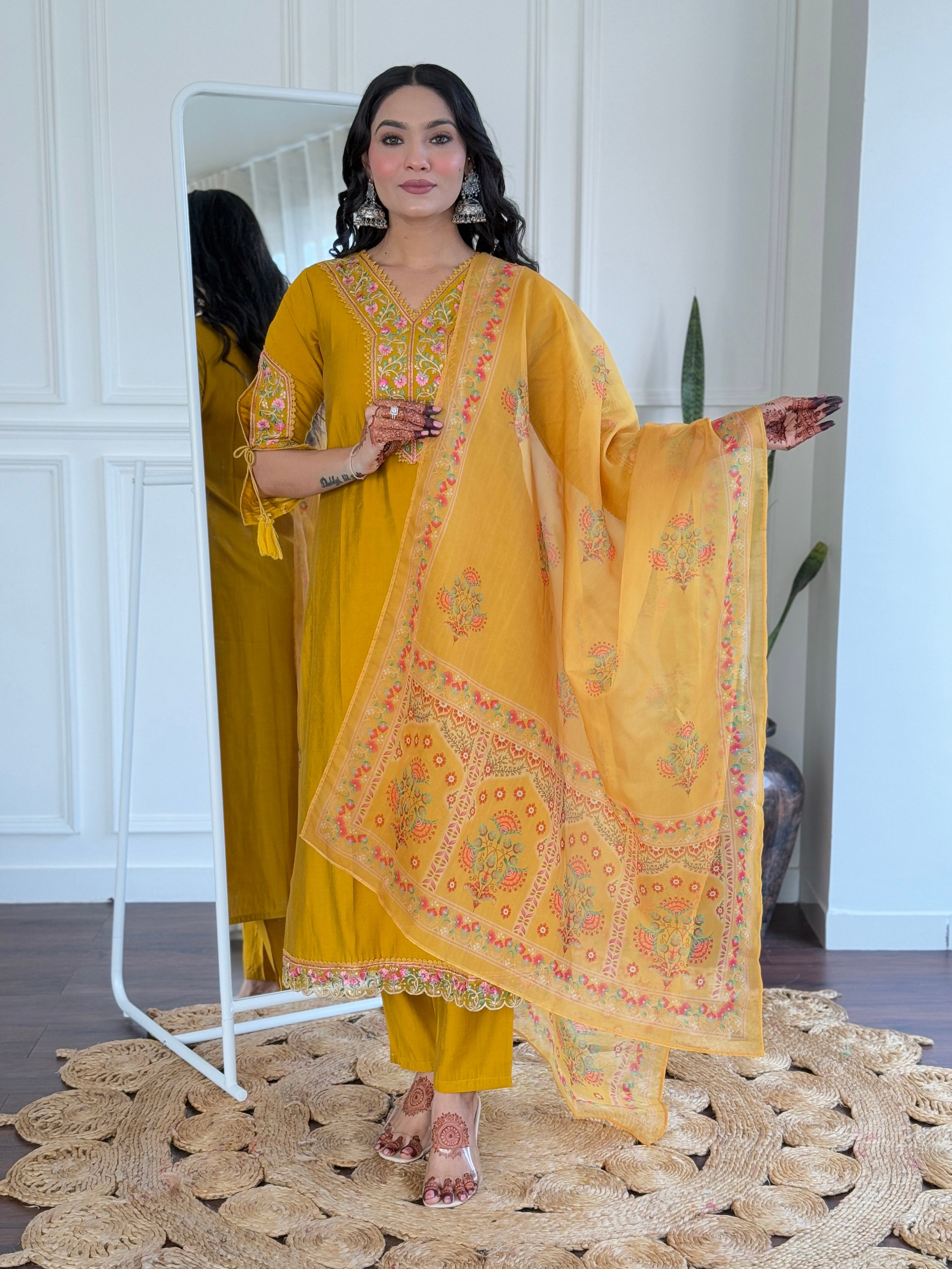 Step into elegance this Eid with this striking mustard yellow salwar kameez