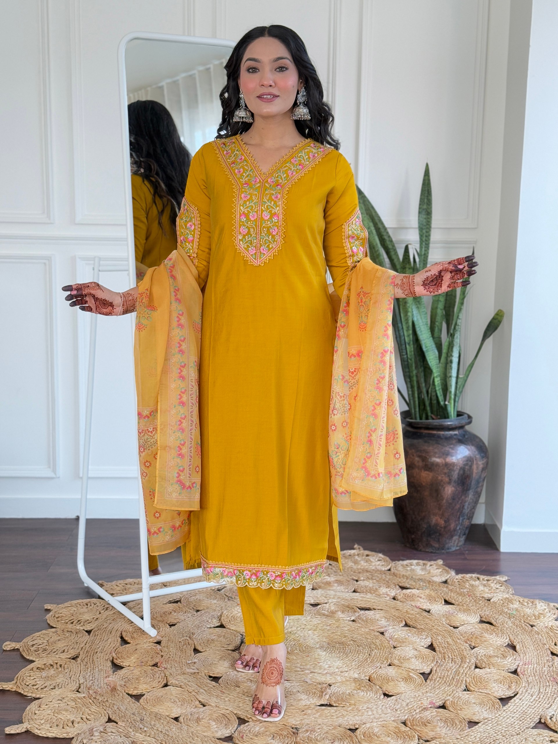 Step into elegance this Eid with this striking mustard yellow salwar kameez
