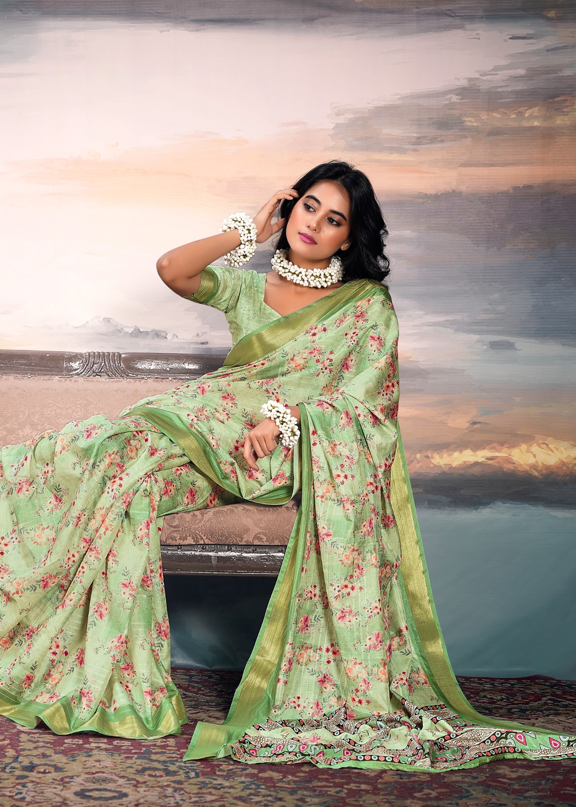 Step into refined elegance with this exquisite green cotton silk saree