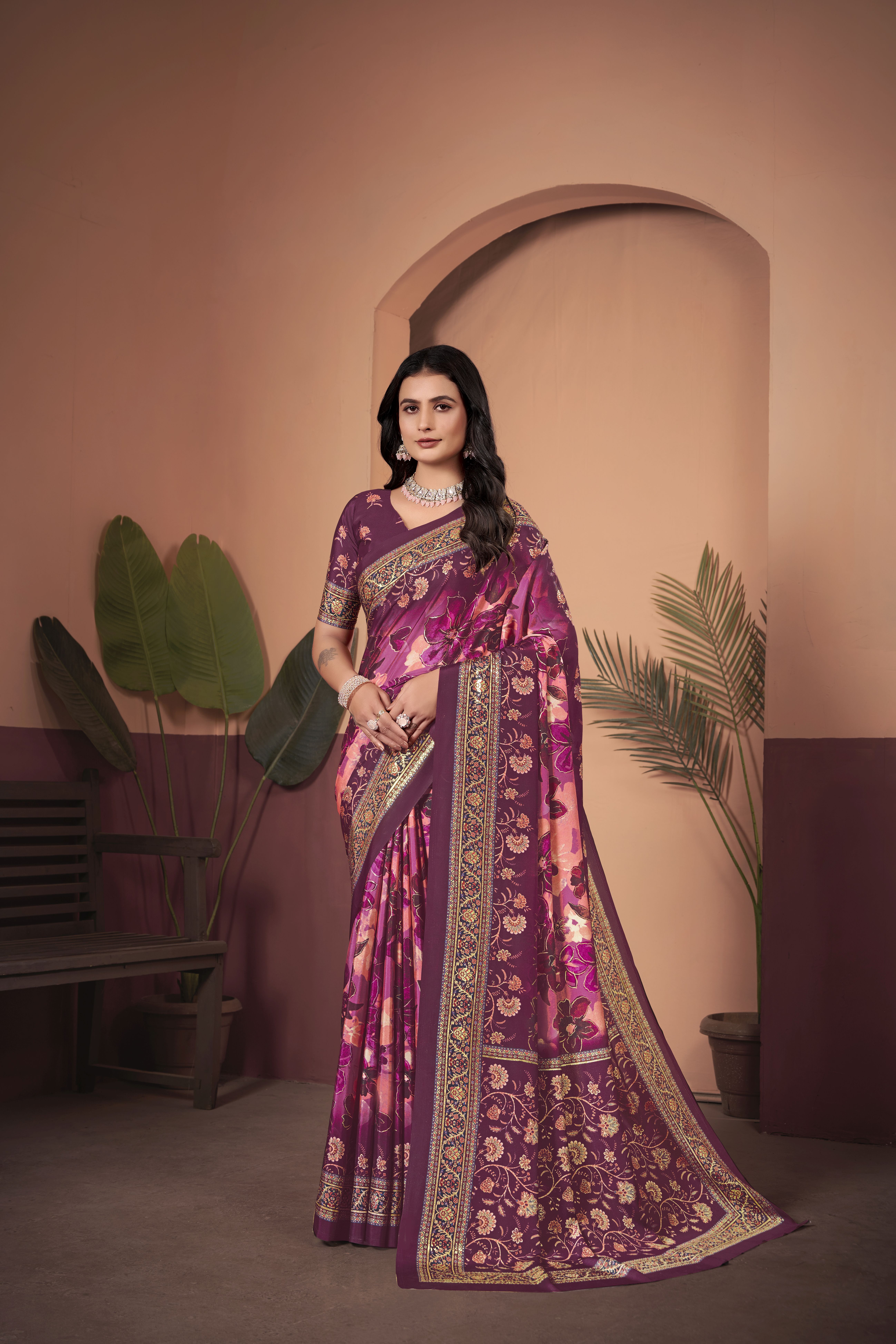 Luxurious Wine Soft Crepe Silk Saree with Matching Blouse