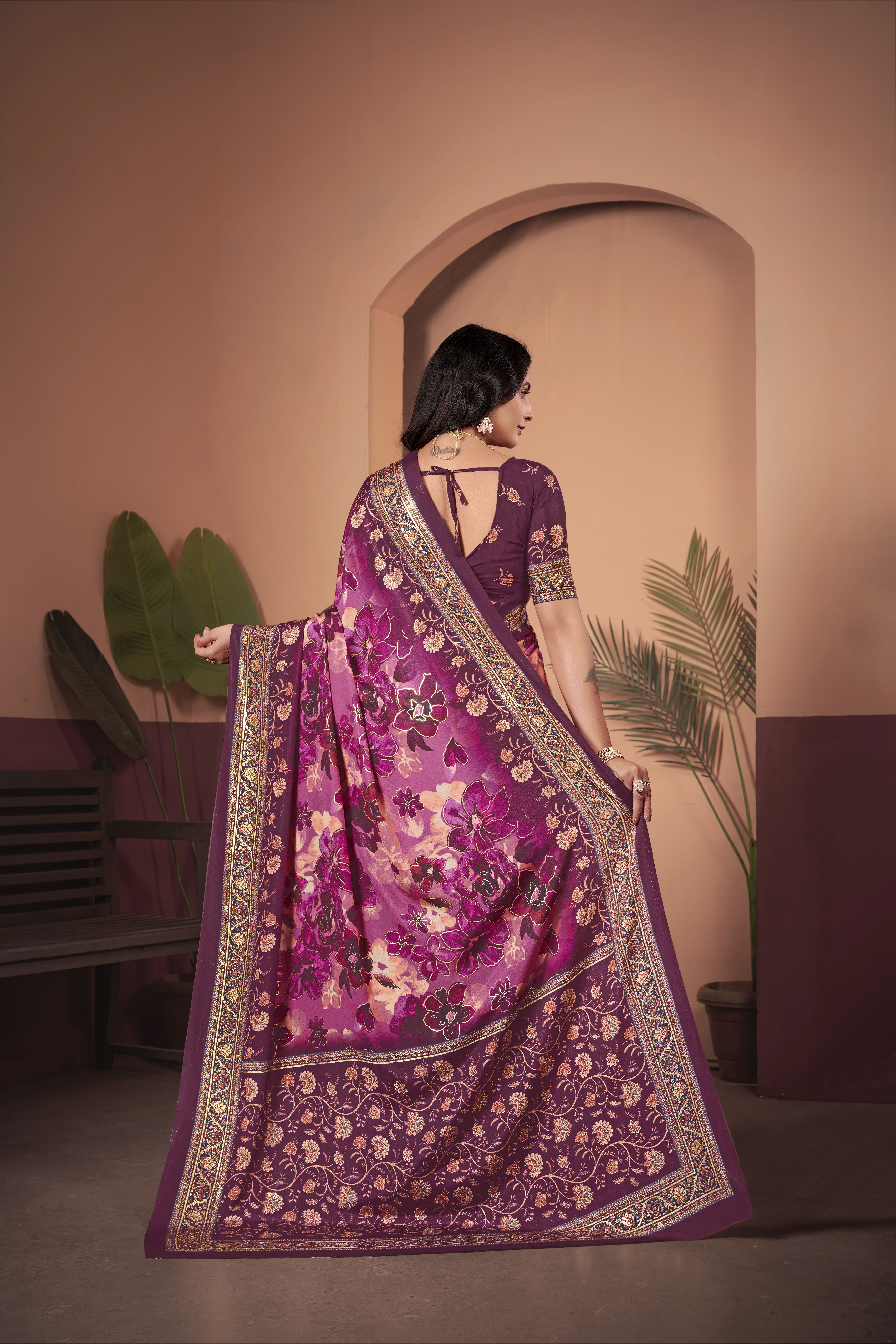 Luxurious Wine Soft Crepe Silk Saree with Matching Blouse