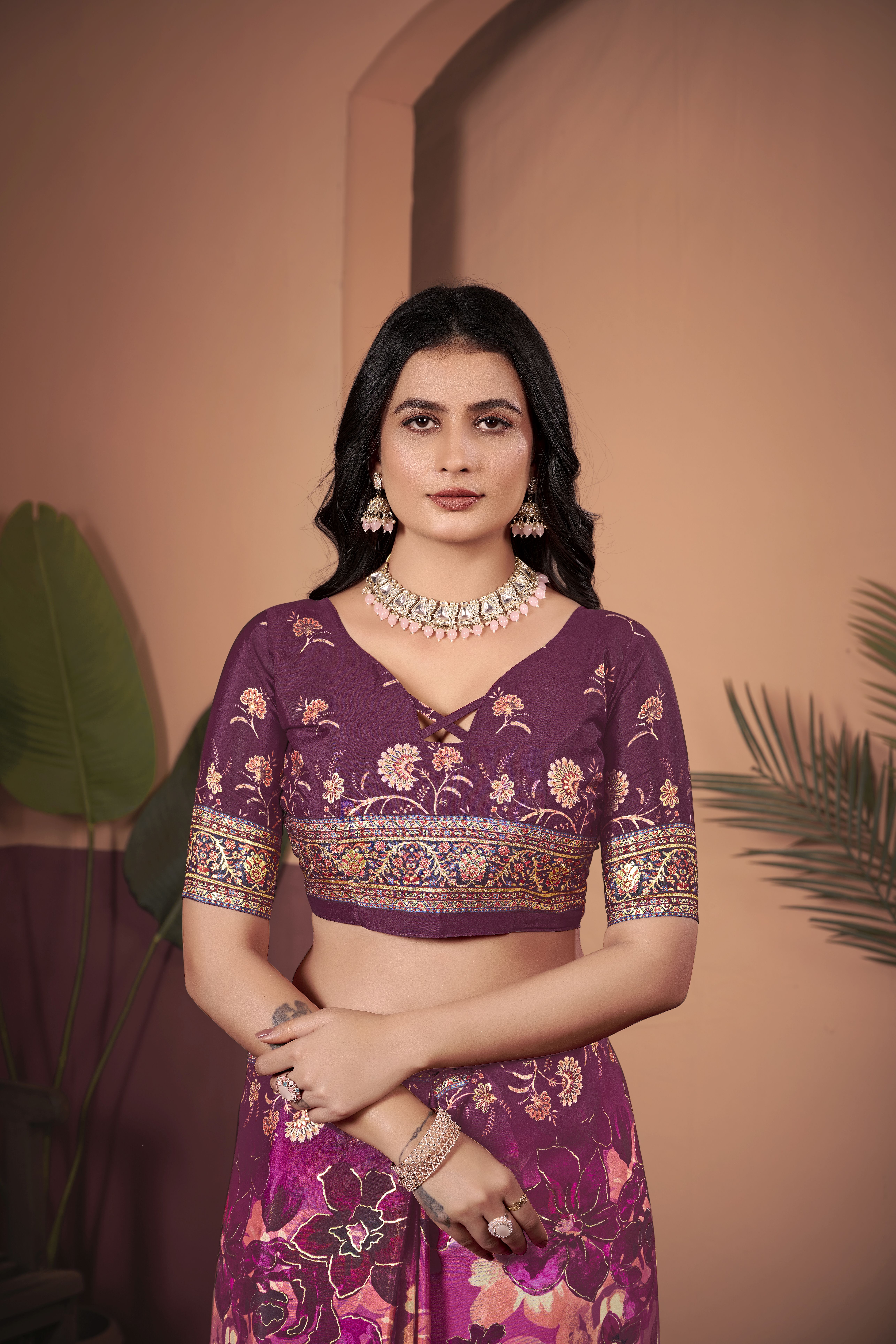 Luxurious Wine Soft Crepe Silk Saree with Matching Blouse